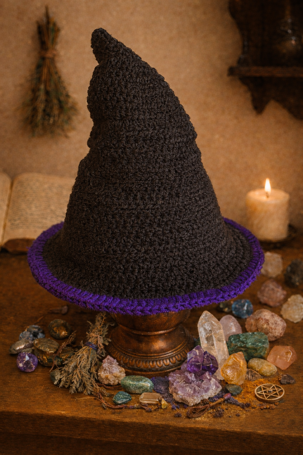 AI image of crochet witch hat with crystals