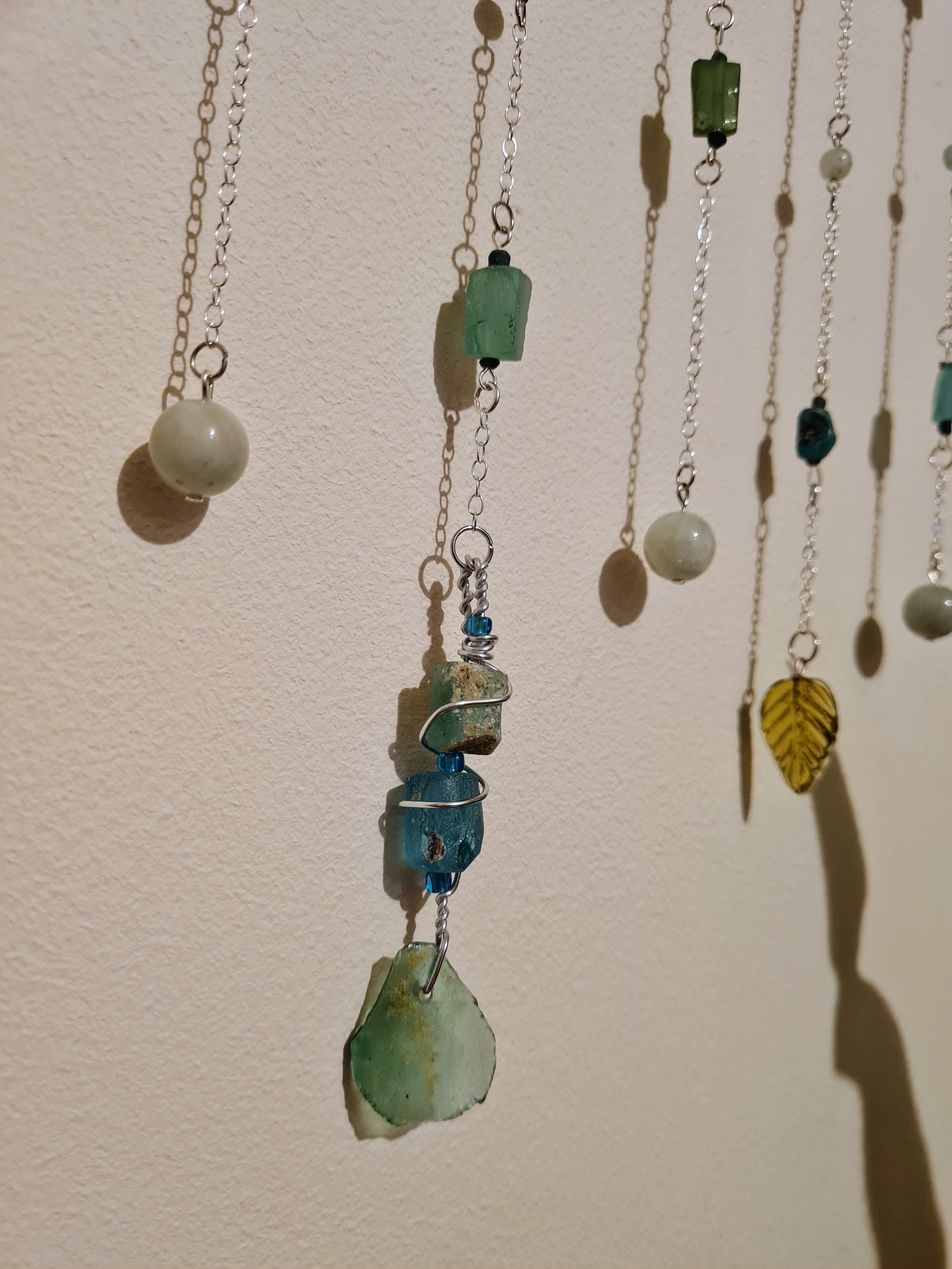 Roman glass and Aquamarine beads hanging on chains
