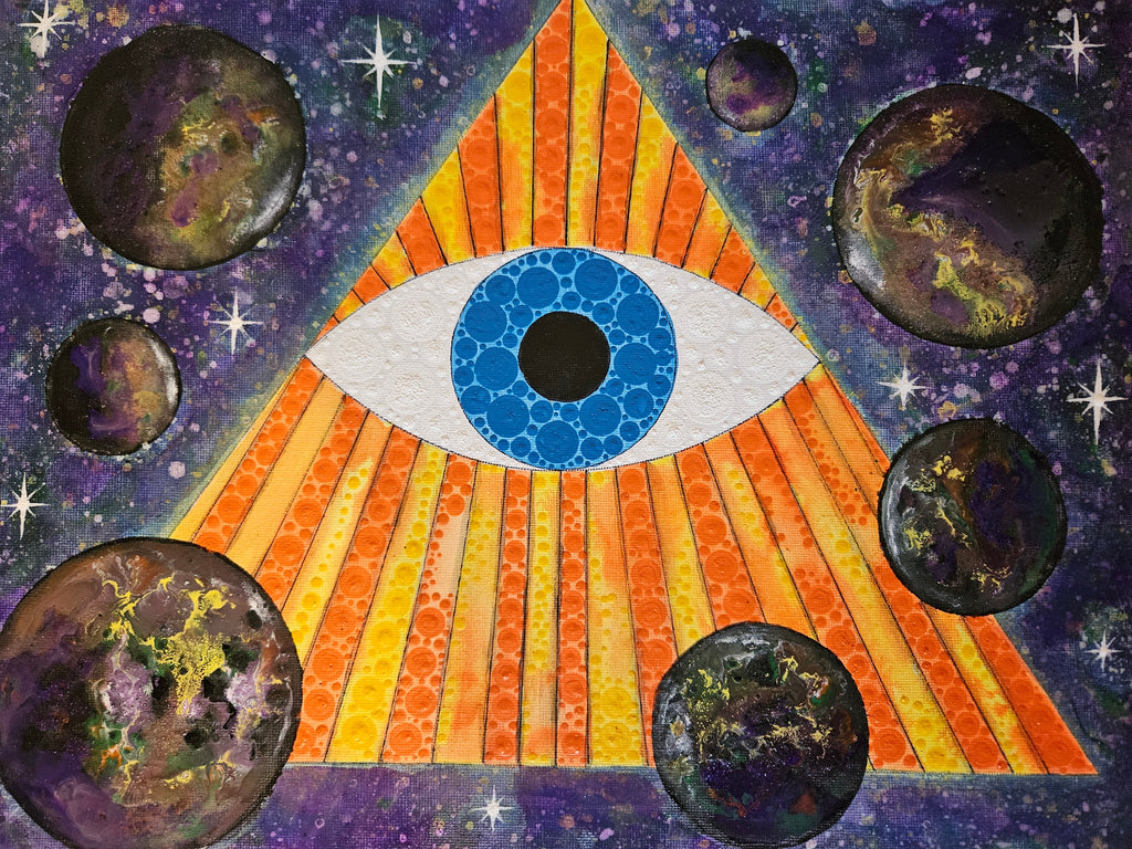 The Source artwork, Colorful pyramid with an eye design surrounded by planets and stars on a dark background