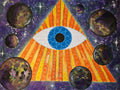 The Source artwork, Colorful pyramid with an eye design surrounded by planets and stars on a dark background