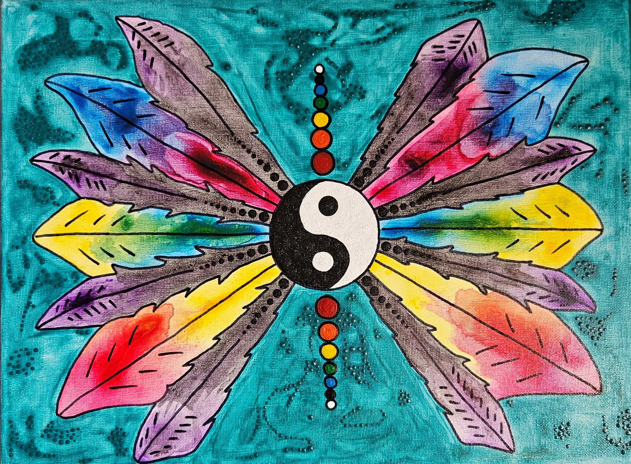 Wings - a colorful feather design with a yin yang symbol and rainbow colors on a teal background