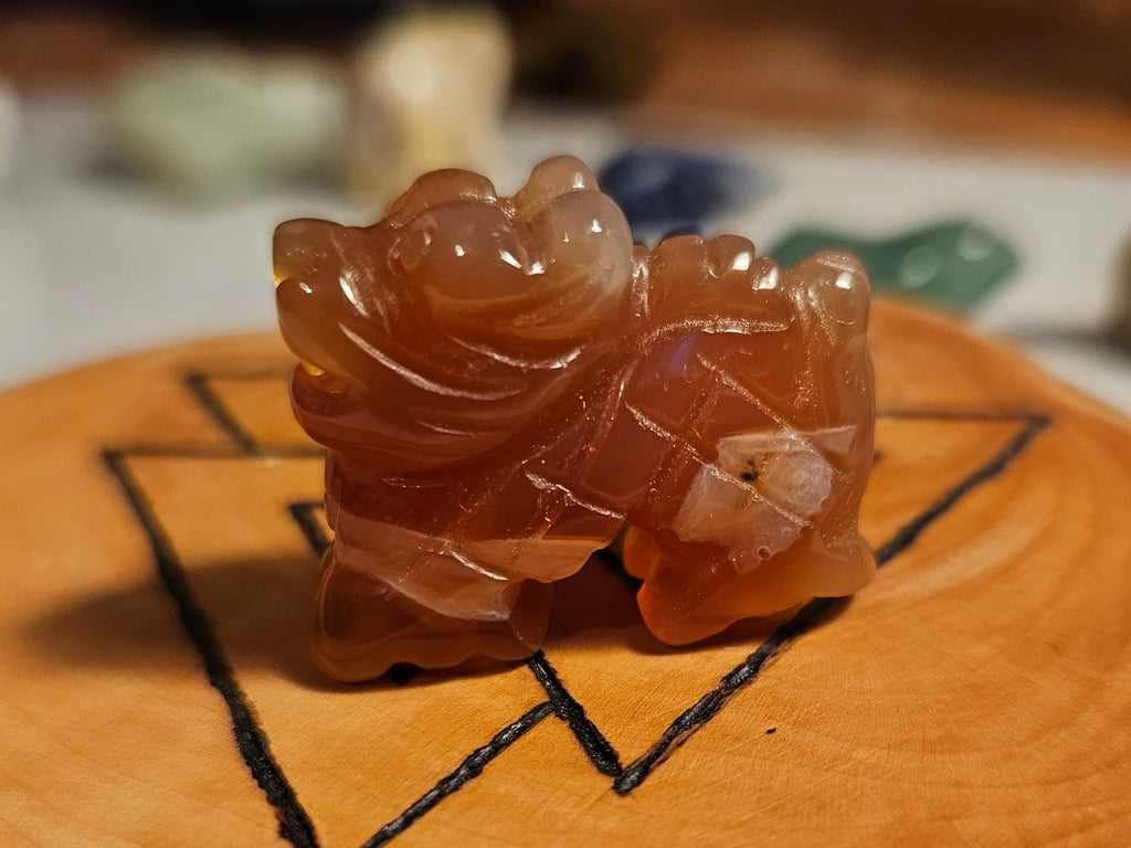 Carved Carnelian dragon on a wooden surface