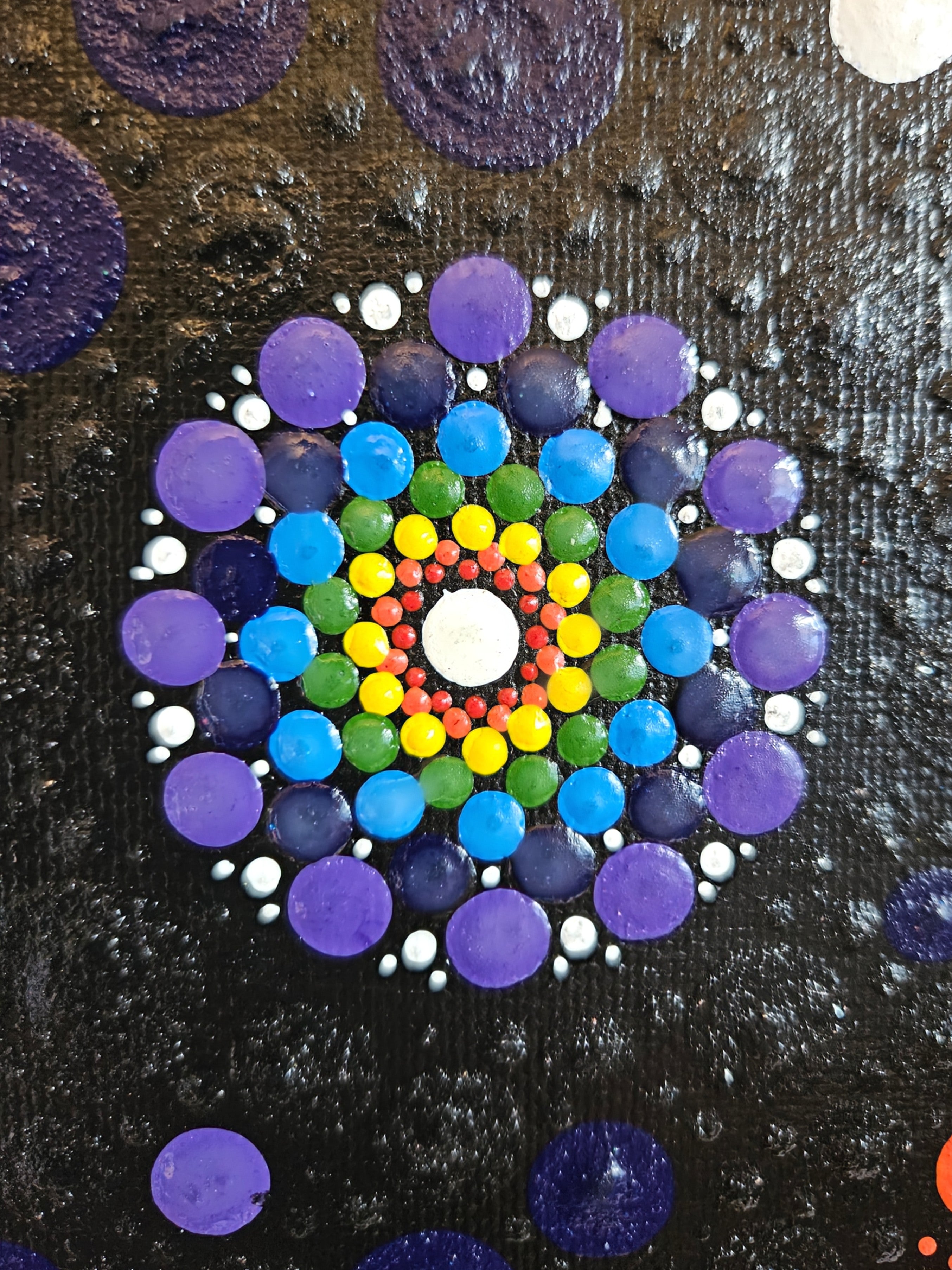 Colorful dot pattern on a textured black background