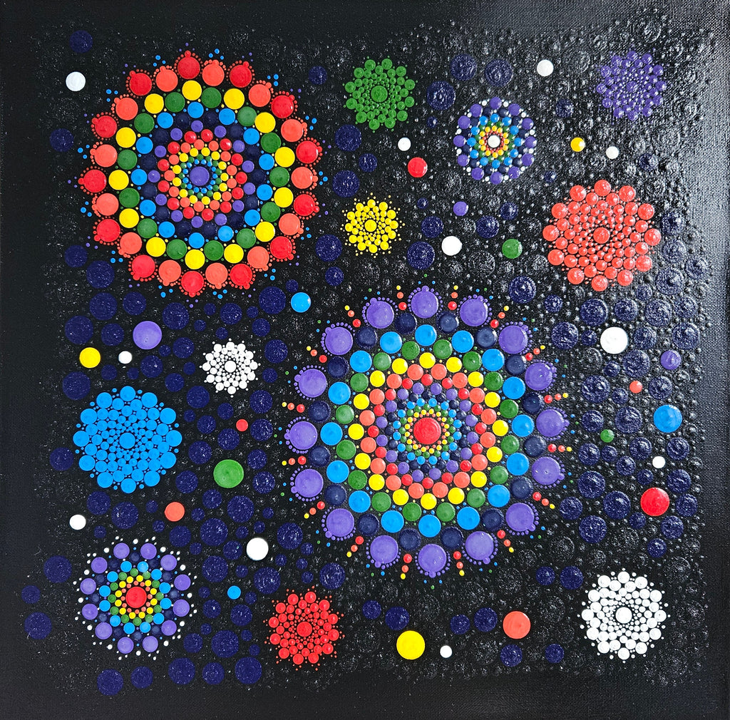 Colorful dot mandala pattern on a black background