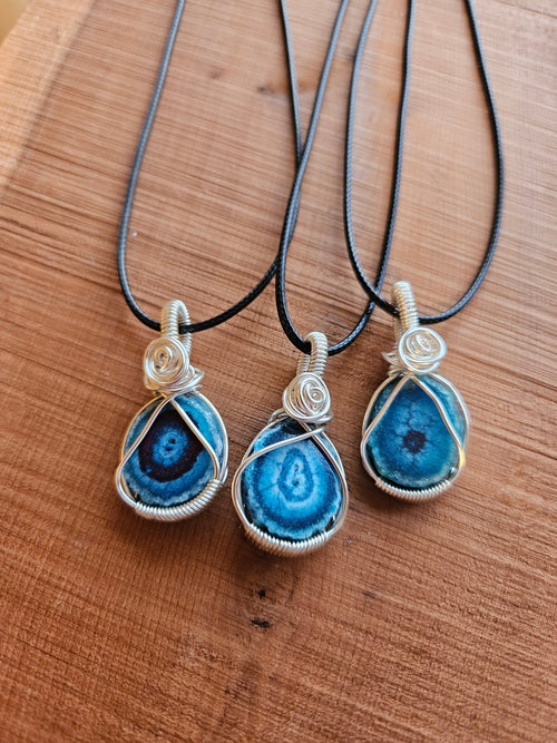 Three Blue Quartz pendants in silver wire
