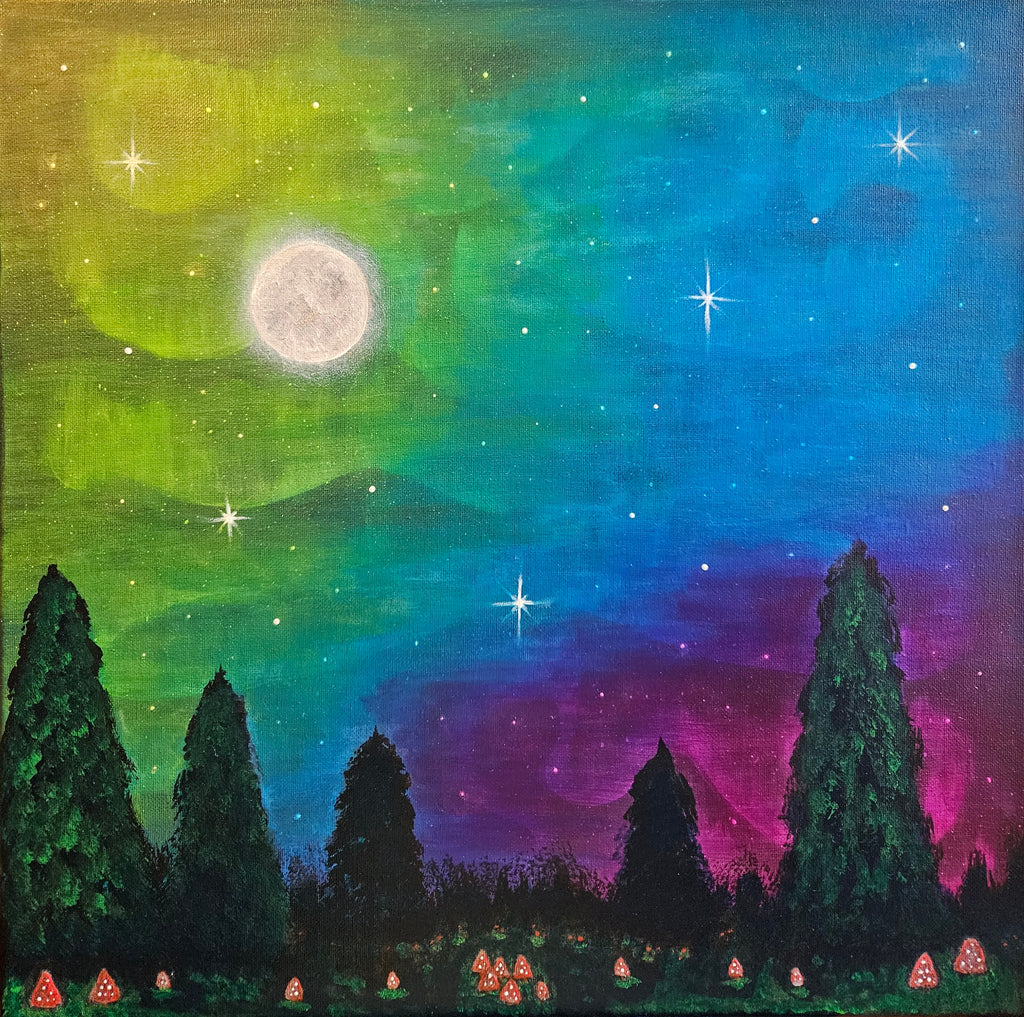 Colorful night sky with trees and mushrooms