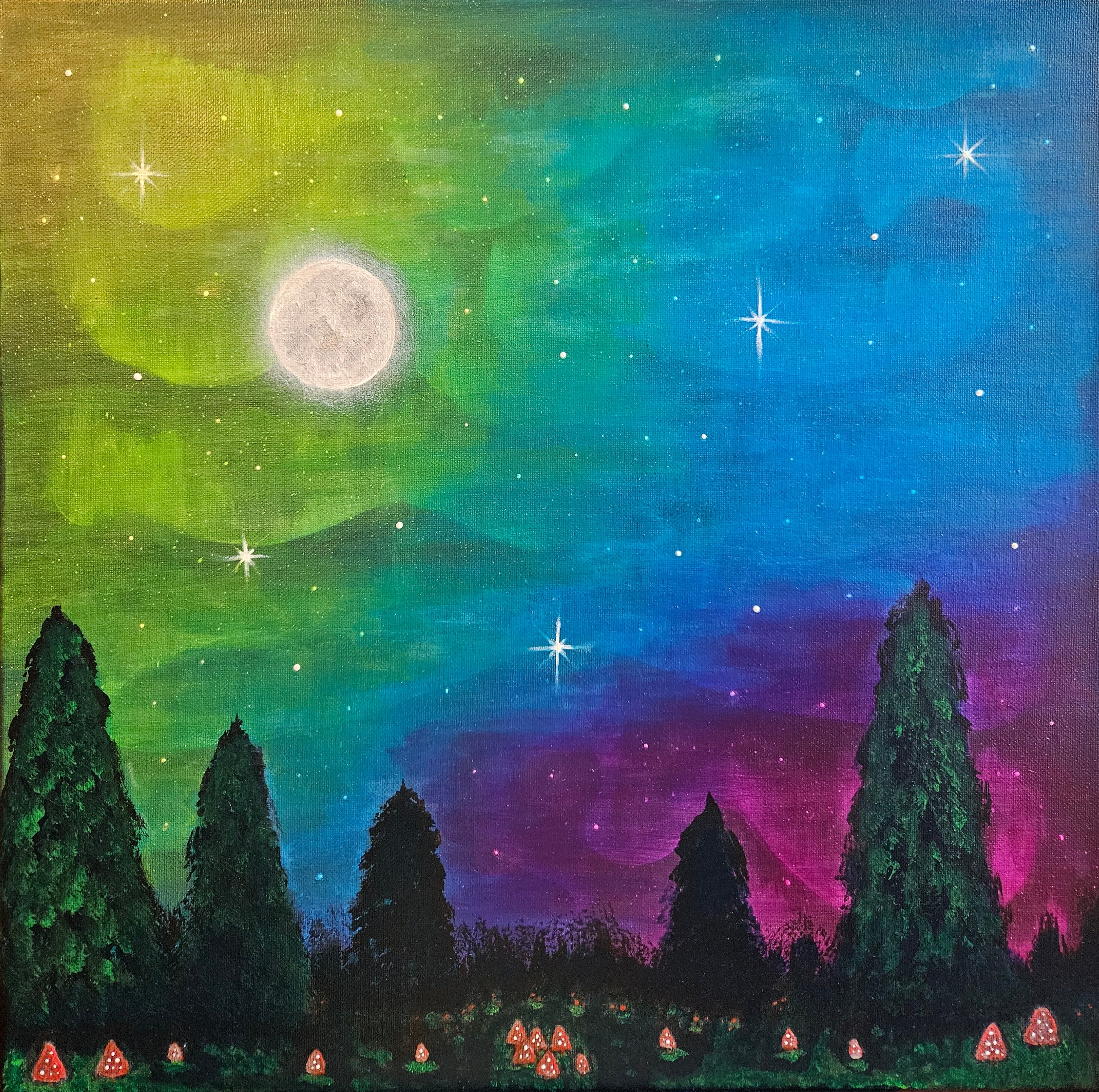 Colorful night sky with trees and mushrooms