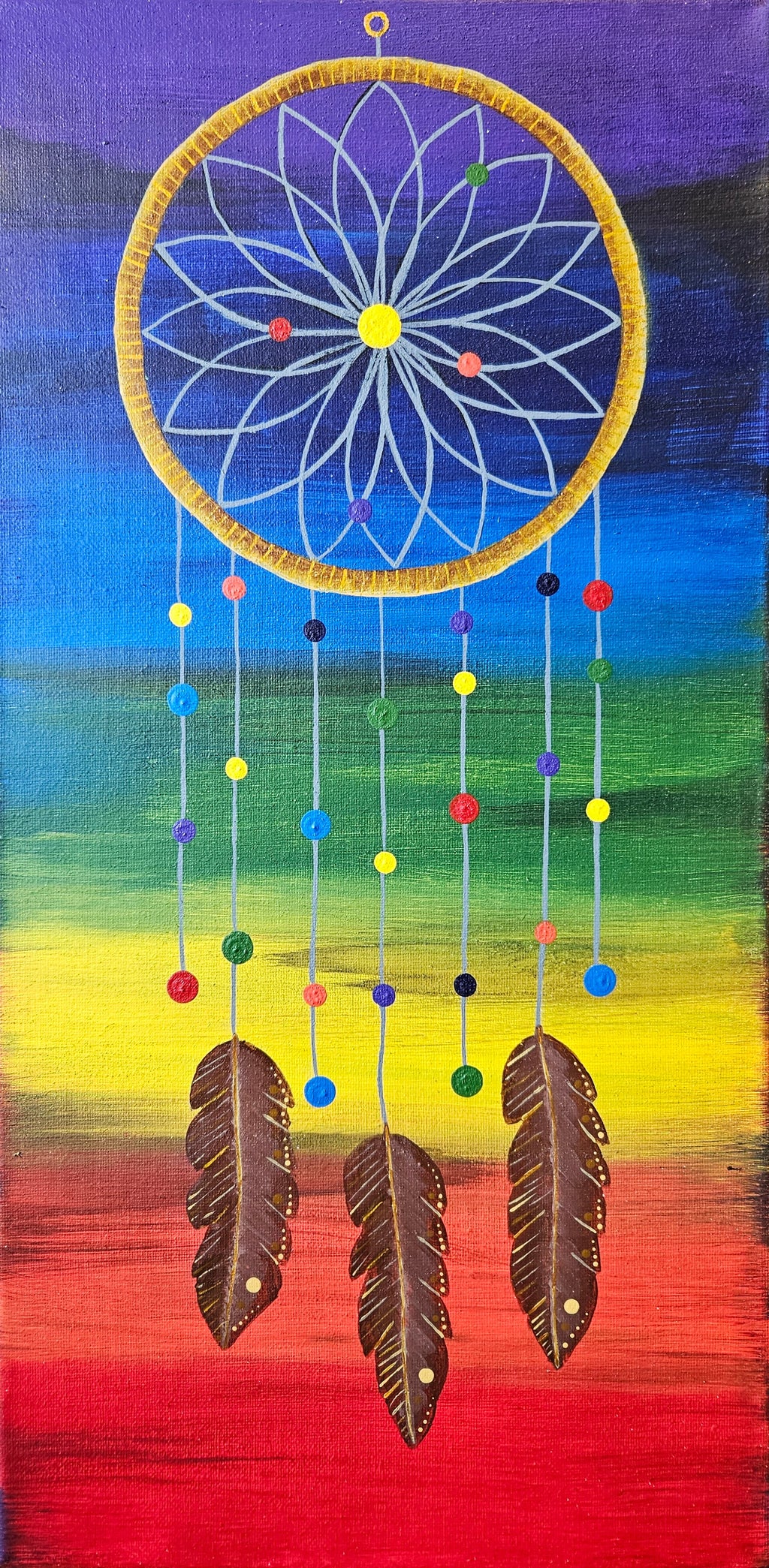 Dreamcatcher with feathers against a colorful gradient background