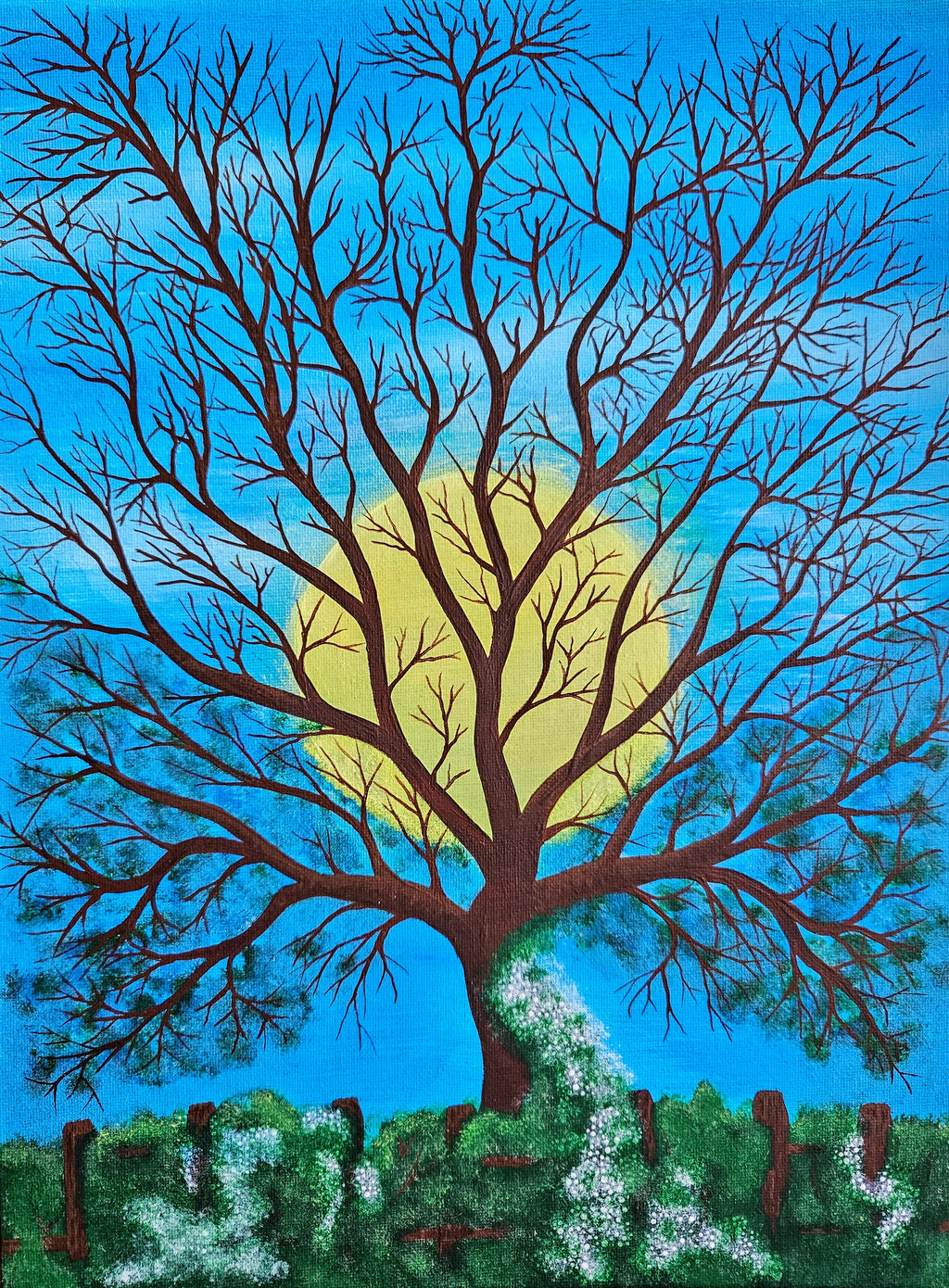 Beltane Blue - artwork depicting a tree in front of a bright blue sky