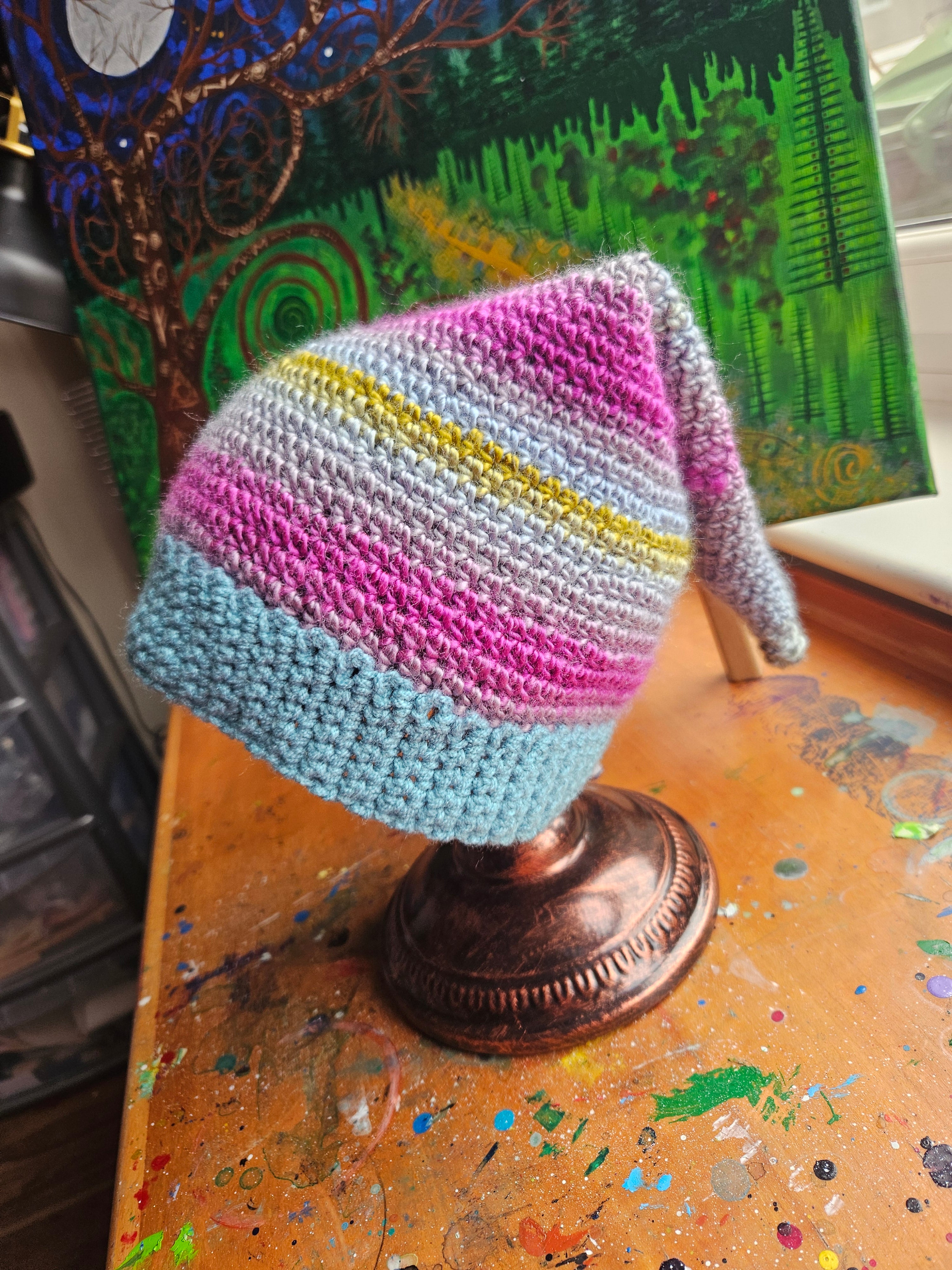 Crochet Elf Beanie - Grey & Pink