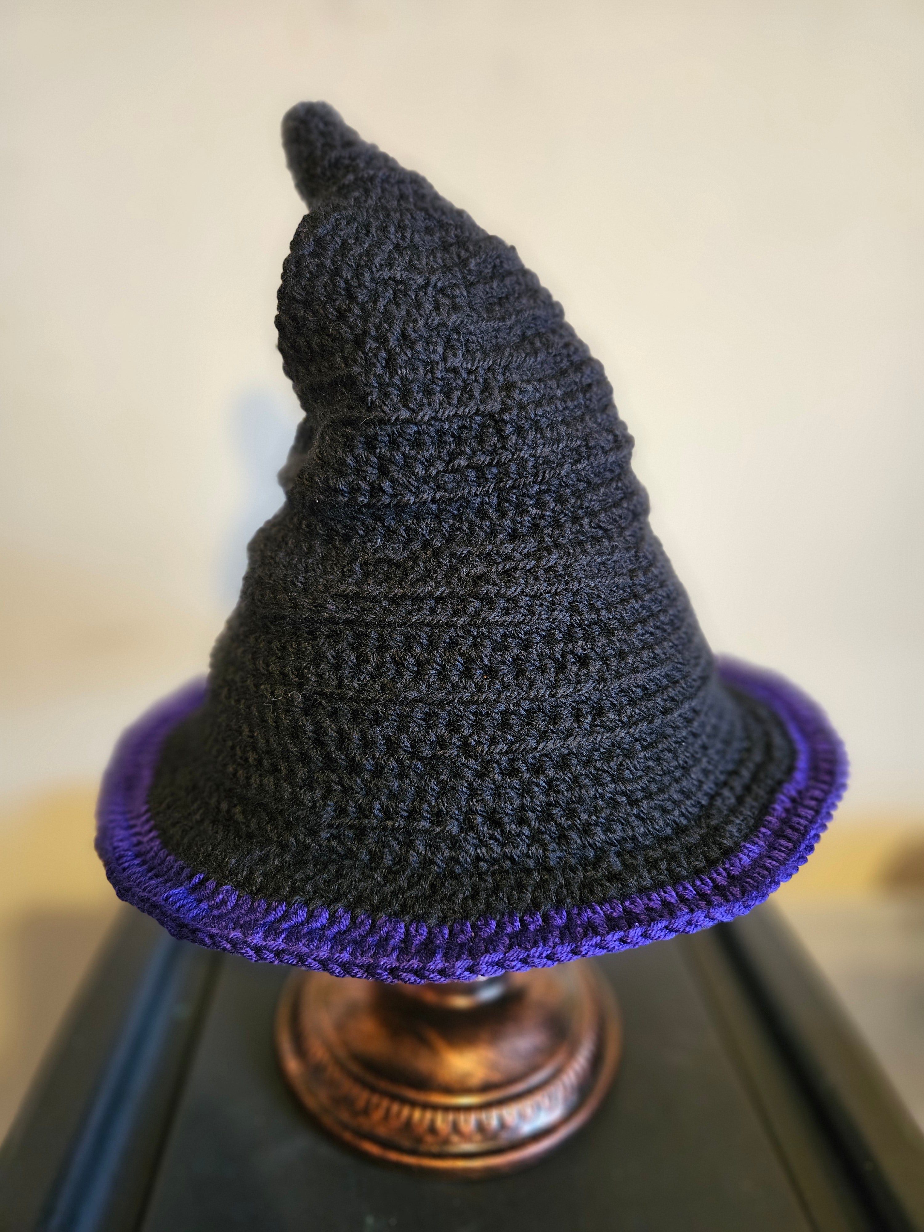 Black crochet witch hat with purple trim