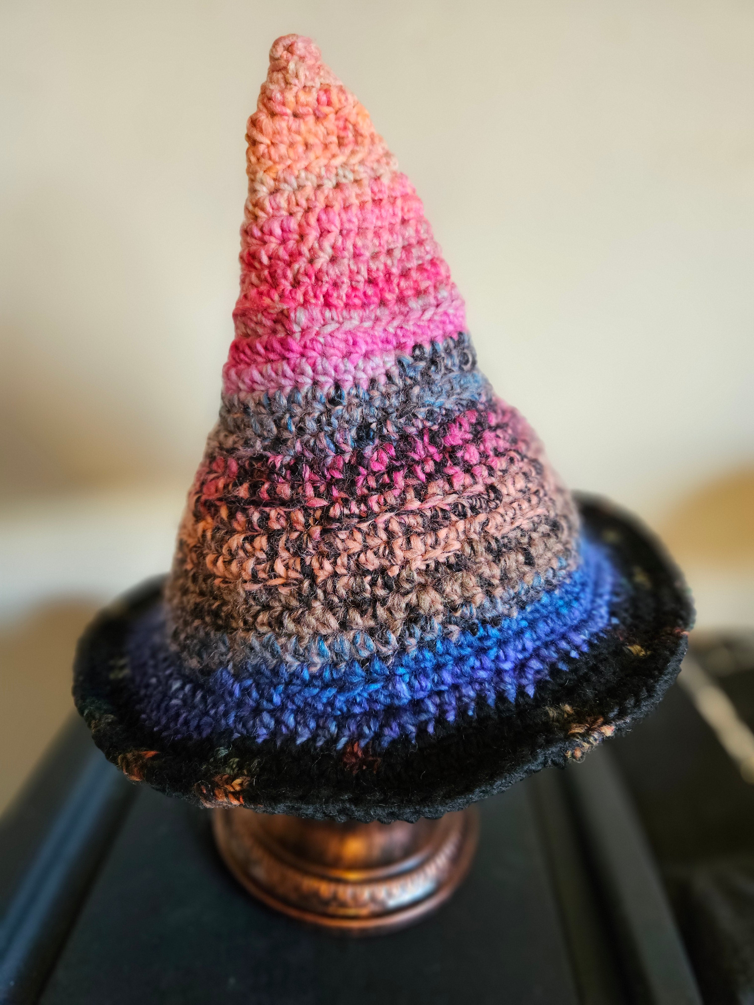 Multicoloured crochet witch hat