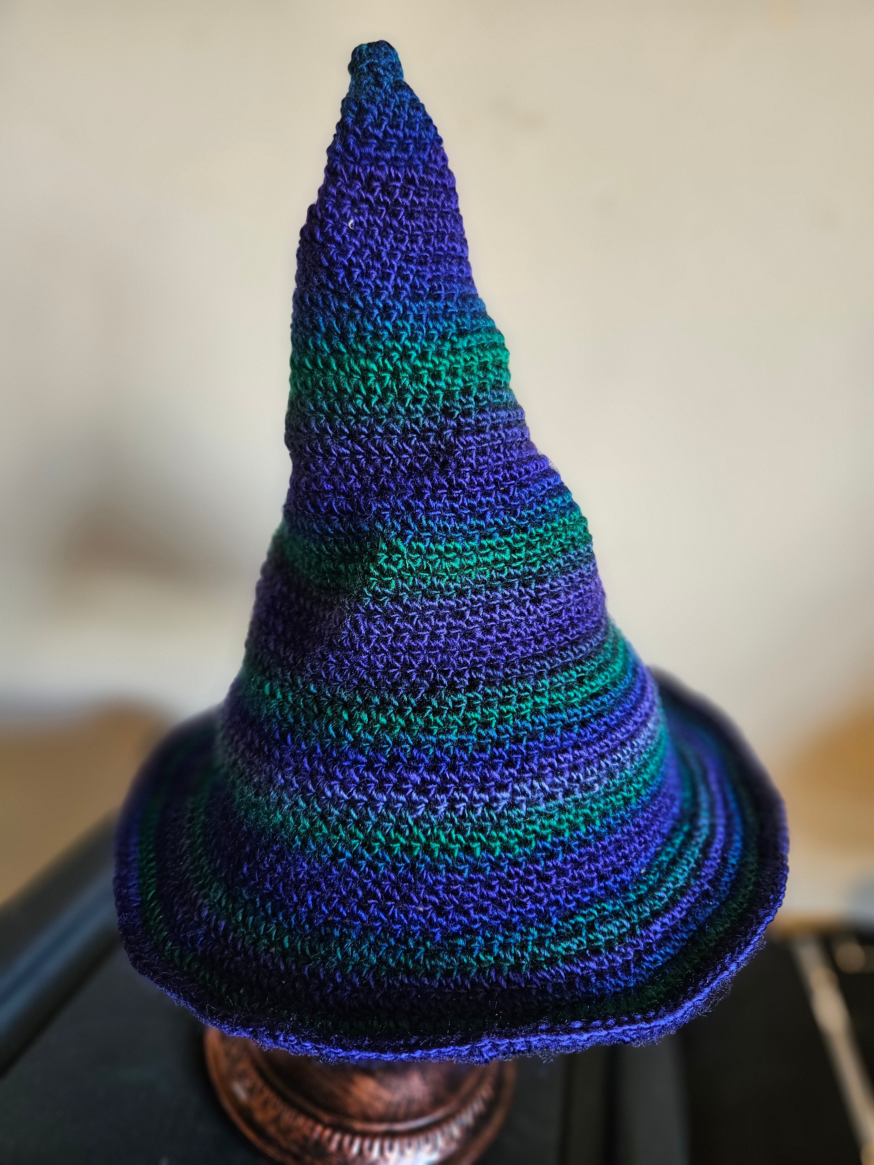 Purple and green crochet witch hat