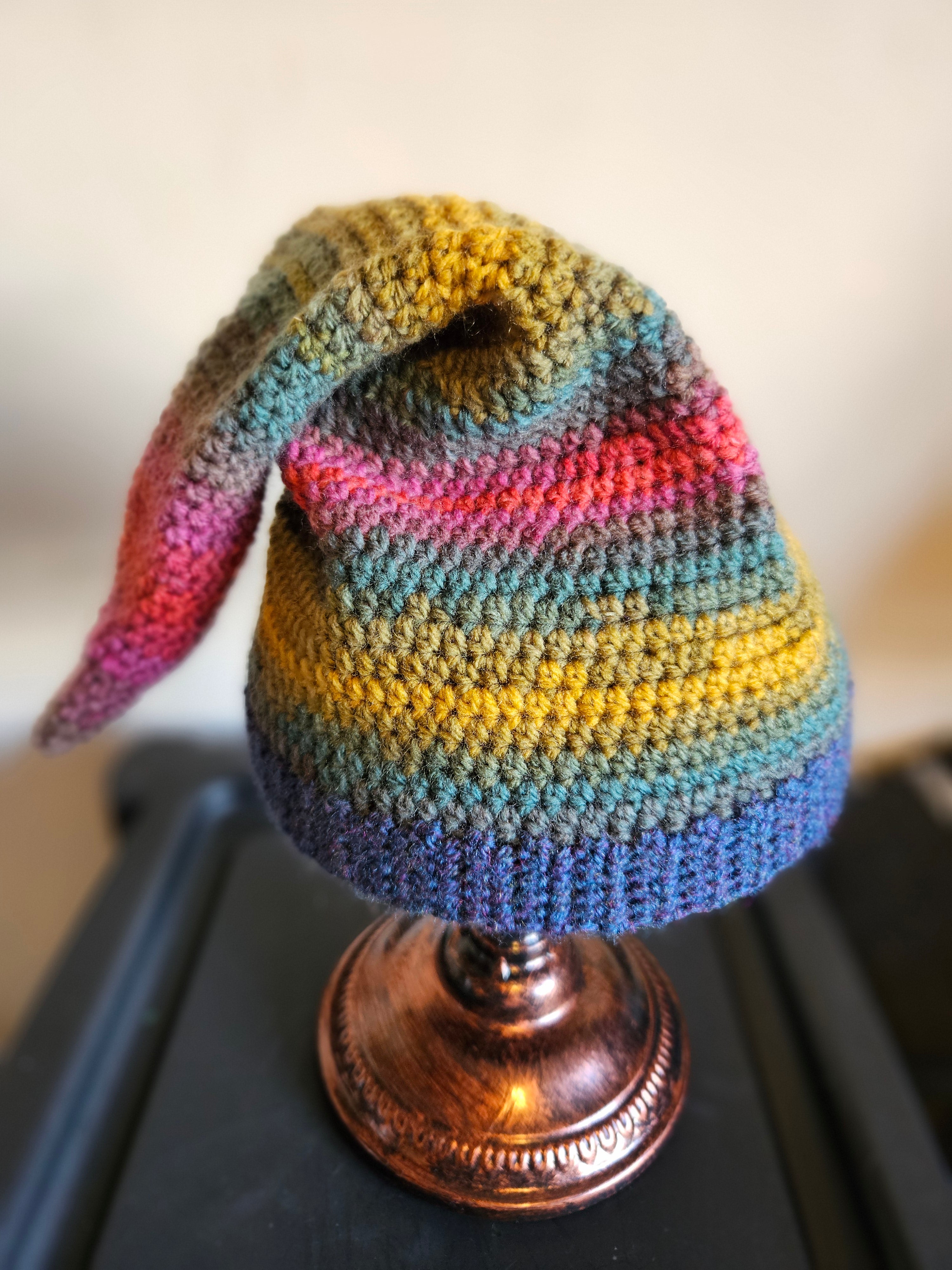 Crochet elf beanie in autumnal colours