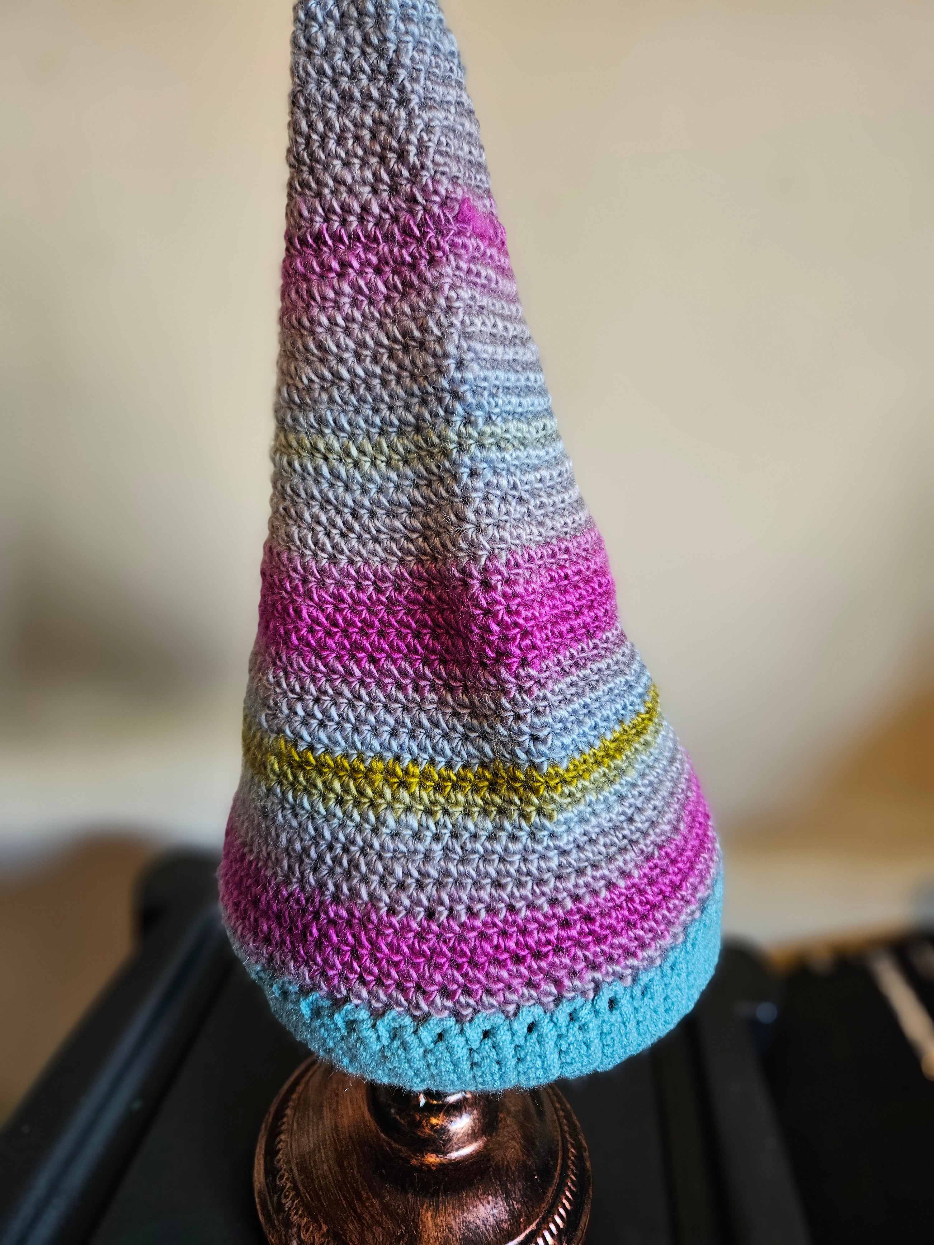 Crochet Elf Beanie - Grey & Pink