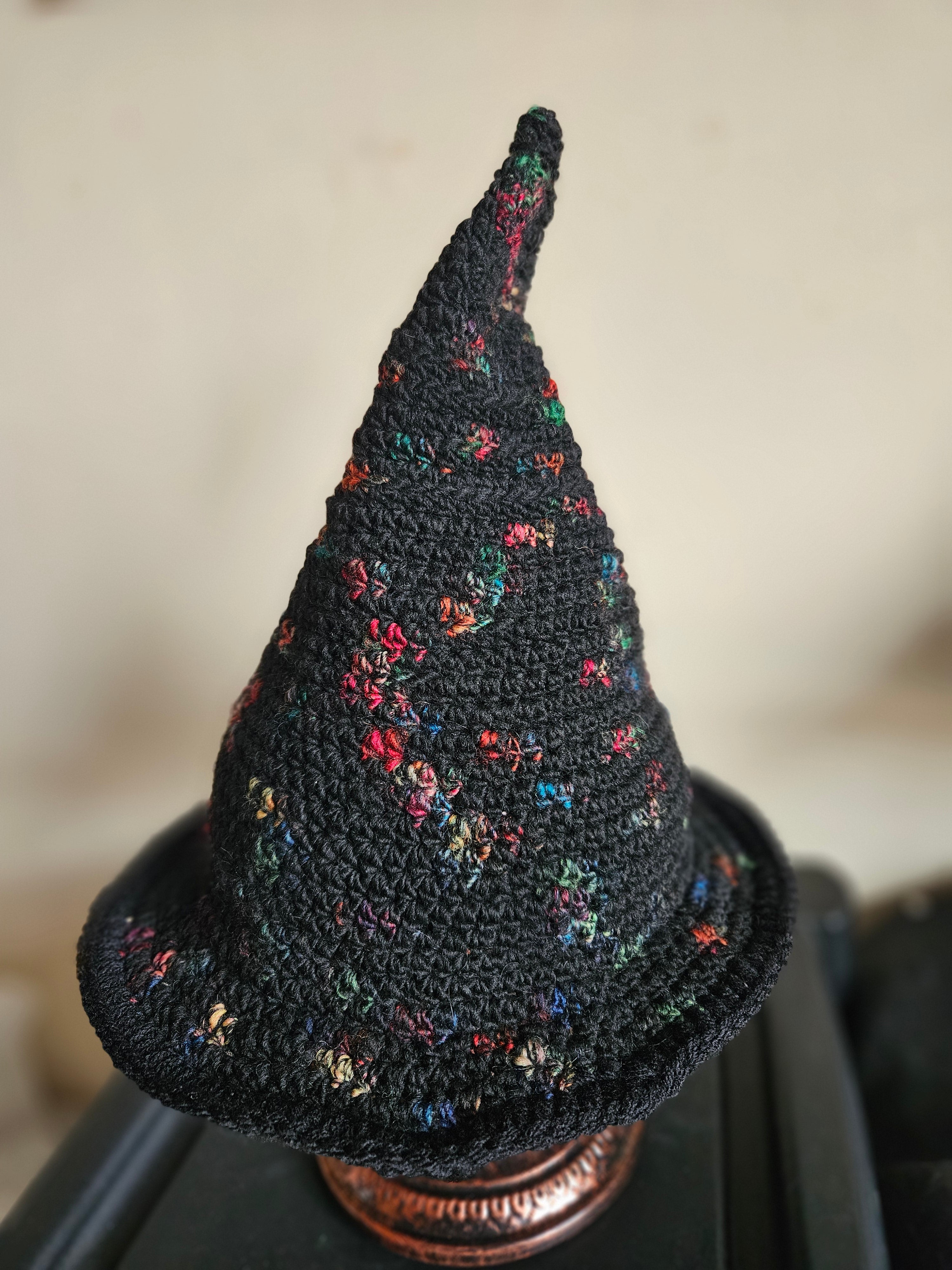 Crochet Witch Hat Black With Flower Pattern