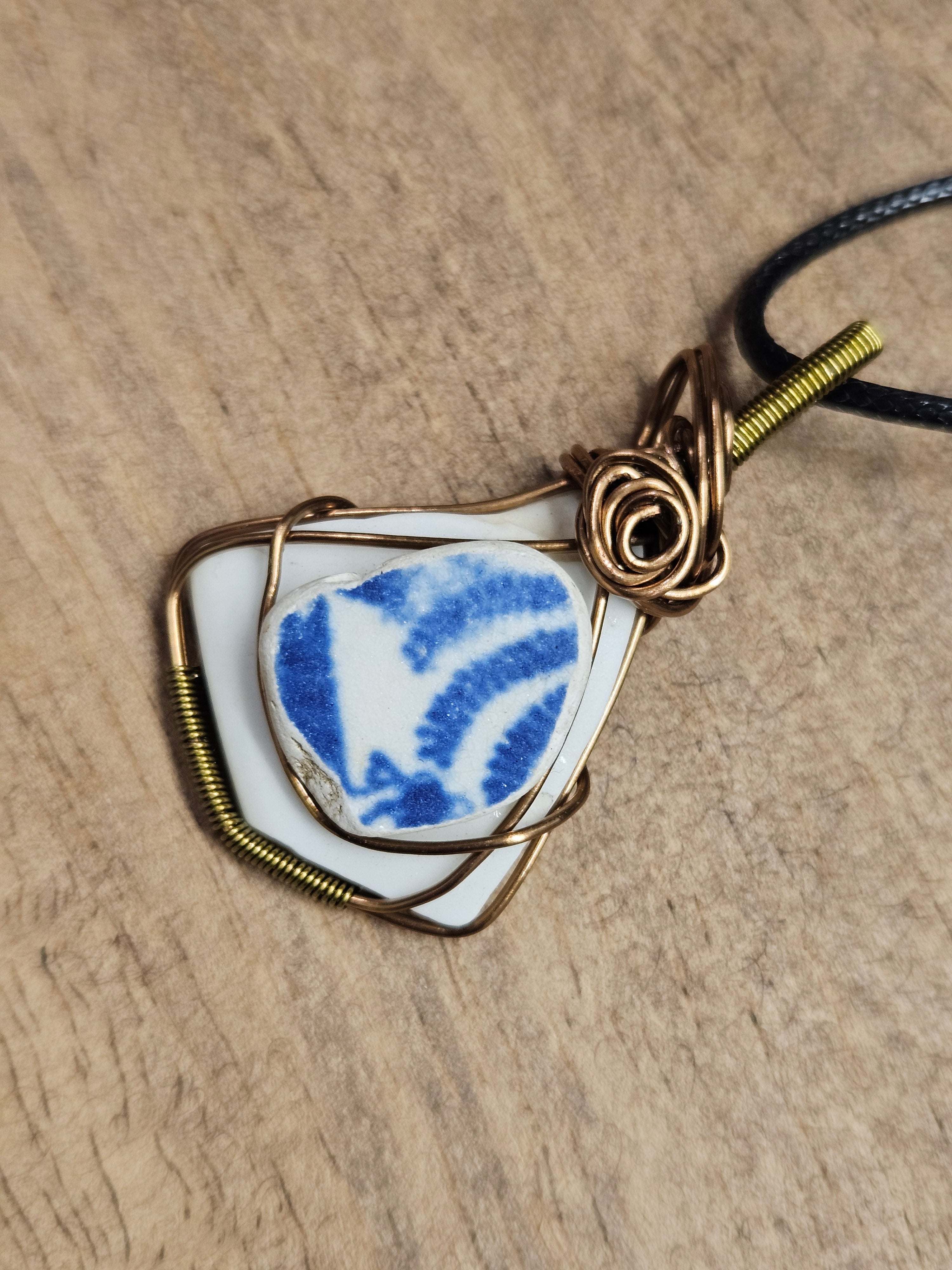 Sea Pottery Wire Wrapped Pendant Necklace