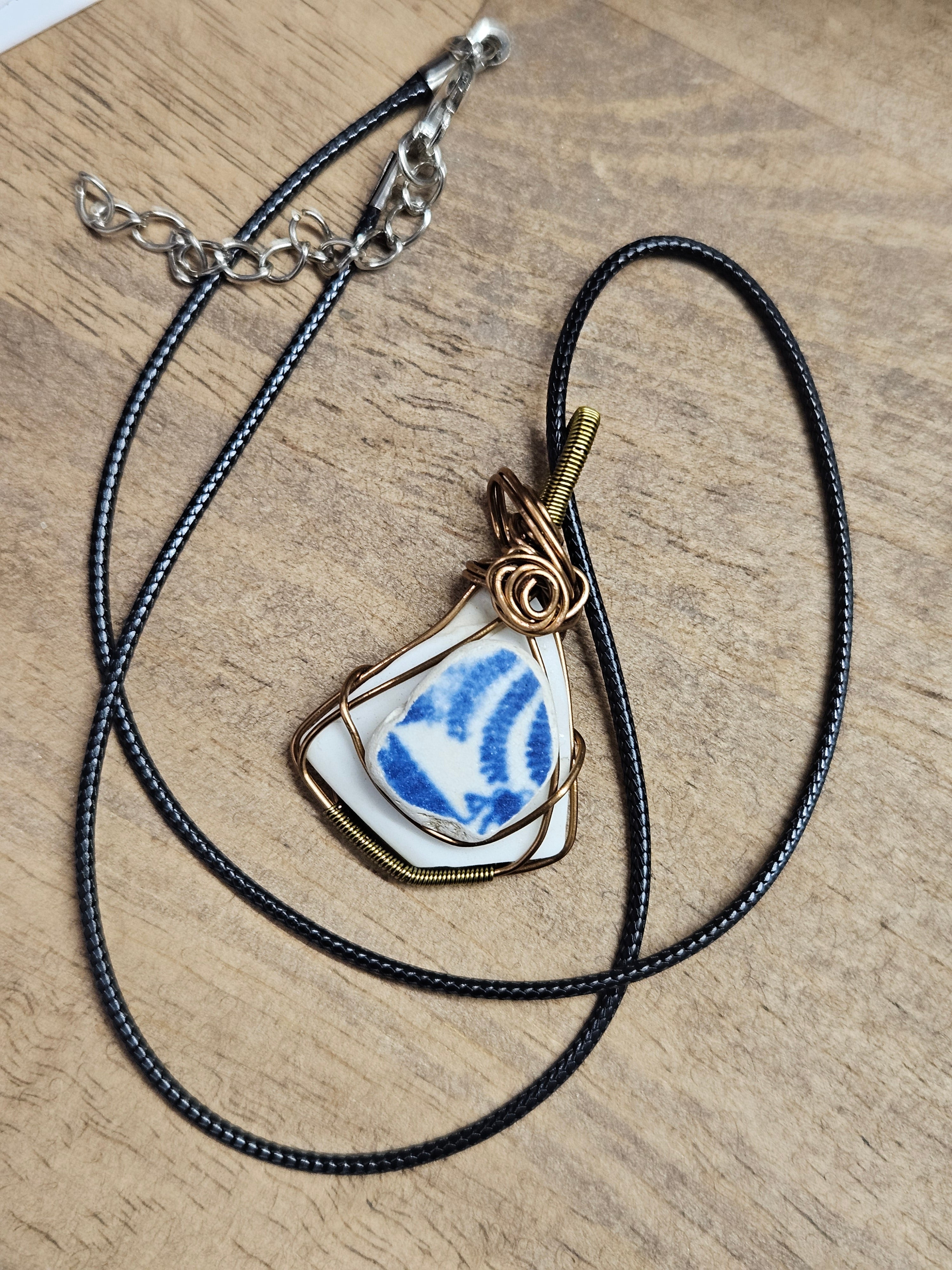 Sea Pottery Wire Wrapped Pendant Necklace