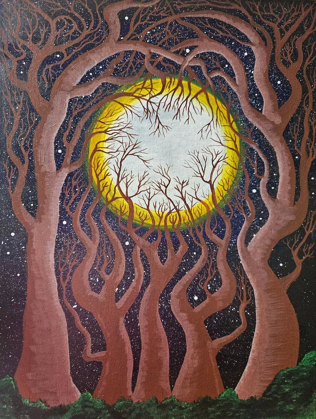 Blood Moon - Artistic depiction of trees with a central glowing moon-like circle against a starry night sky.