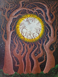 Blood Moon - Artistic depiction of trees with a central glowing moon-like circle against a starry night sky.