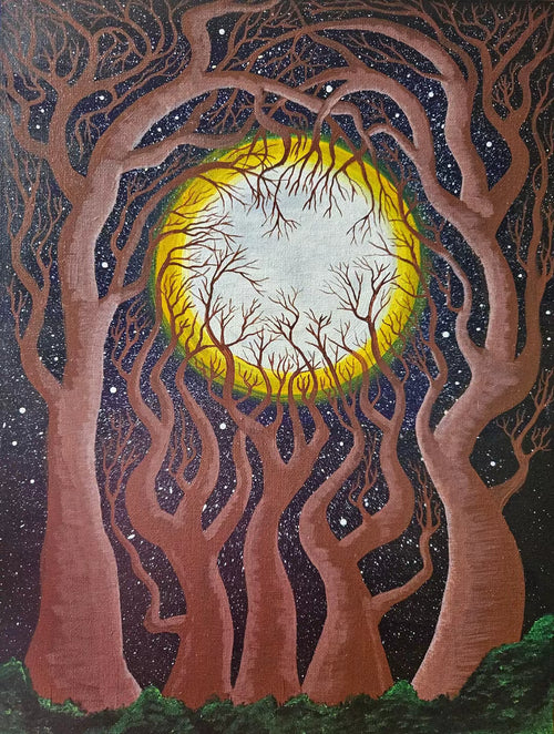 Blood Moon - Artistic depiction of trees with a central glowing moon-like circle against a starry night sky.