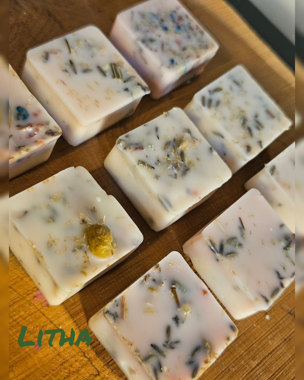 9 Handmade Litha artisan wax melts with dried flowers and botanical incense