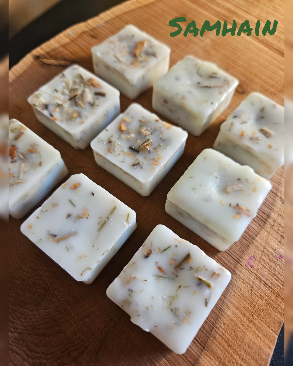 9 handmade Samhain botanical wax melts with palo santo chips
