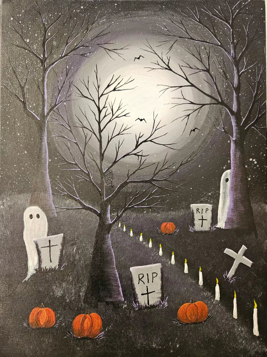 This Way - artistic depiction of a graveyard and trees with ghosts and pumpkins