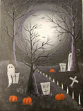 This Way - artistic depiction of a graveyard and trees with ghosts and pumpkins