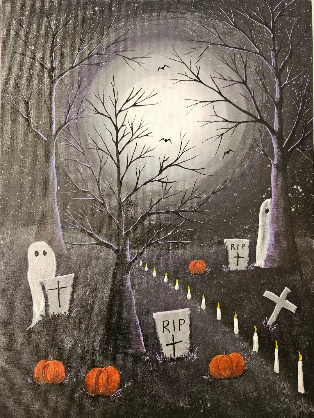 This Way - artistic depiction of a graveyard and trees with ghosts and pumpkins