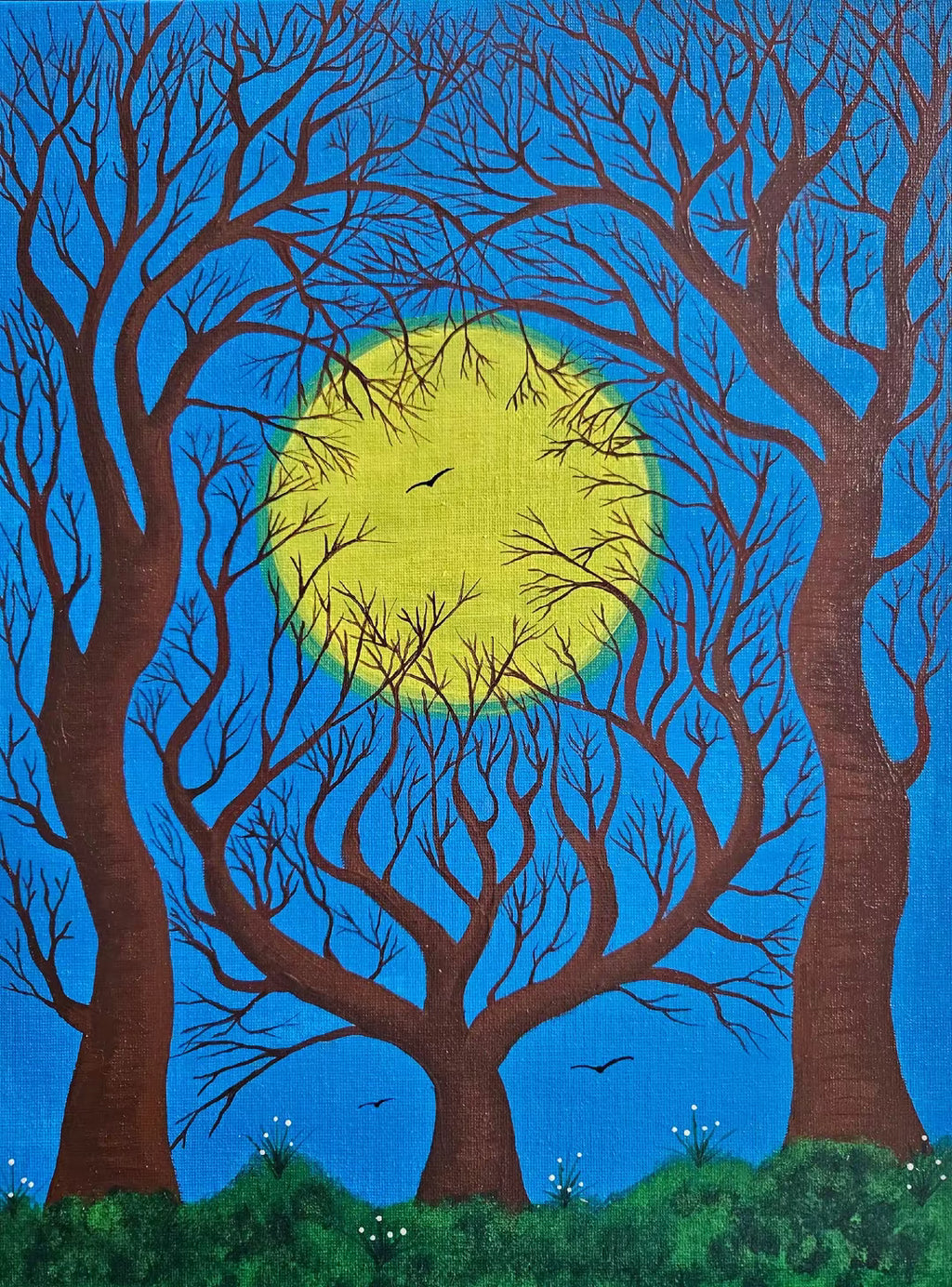 Ostara Rising - Artistic depiction of trees with a large yellow moon in the center against a blue sky.