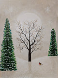 A winter landscape painting featuring a central leafless tree, two snow-dusted evergreen trees, a small robin, and snowflakes against a pale beige sky.