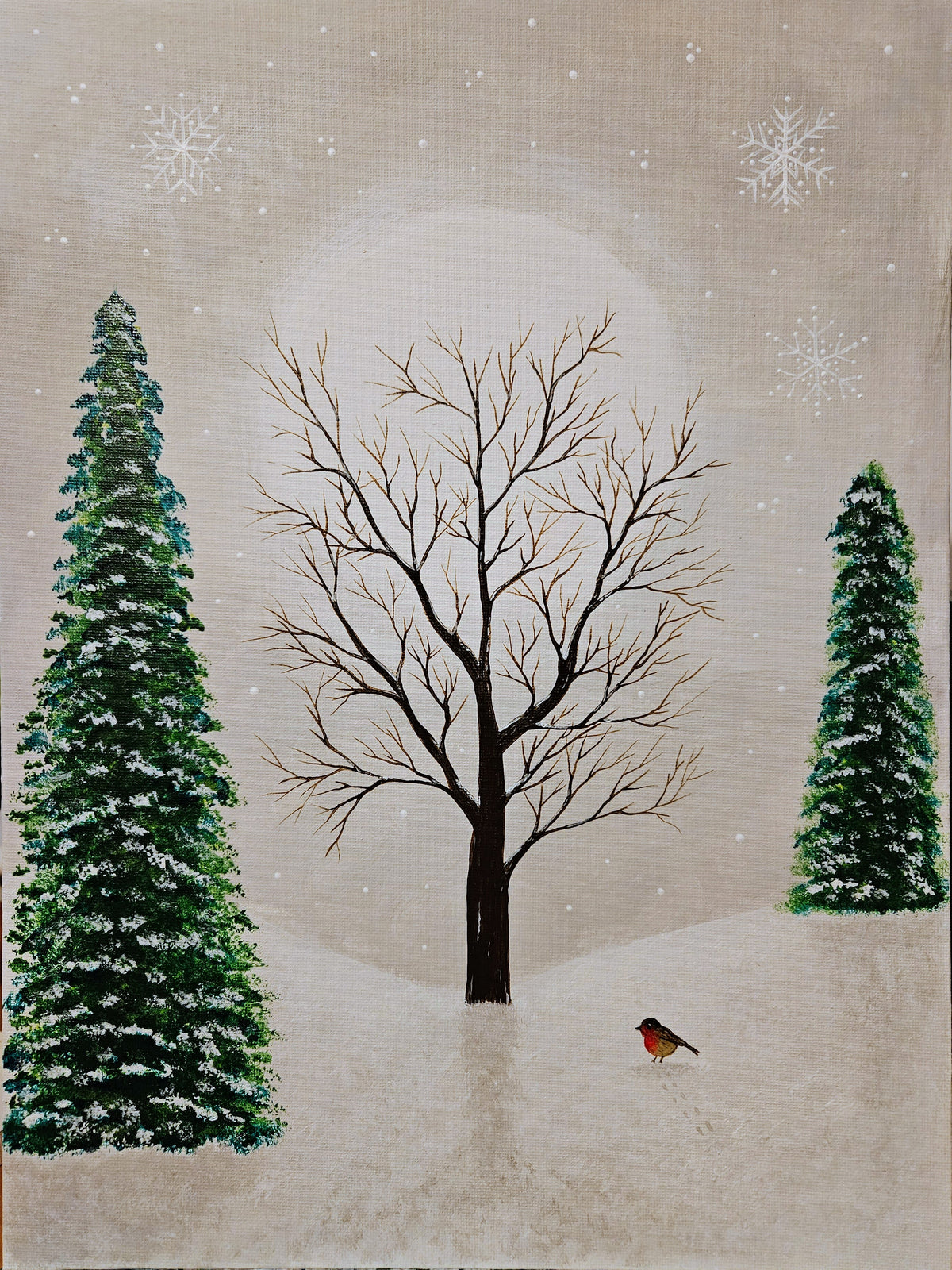 A winter landscape painting featuring a central leafless tree, two snow-dusted evergreen trees, a small robin, and snowflakes against a pale beige sky.