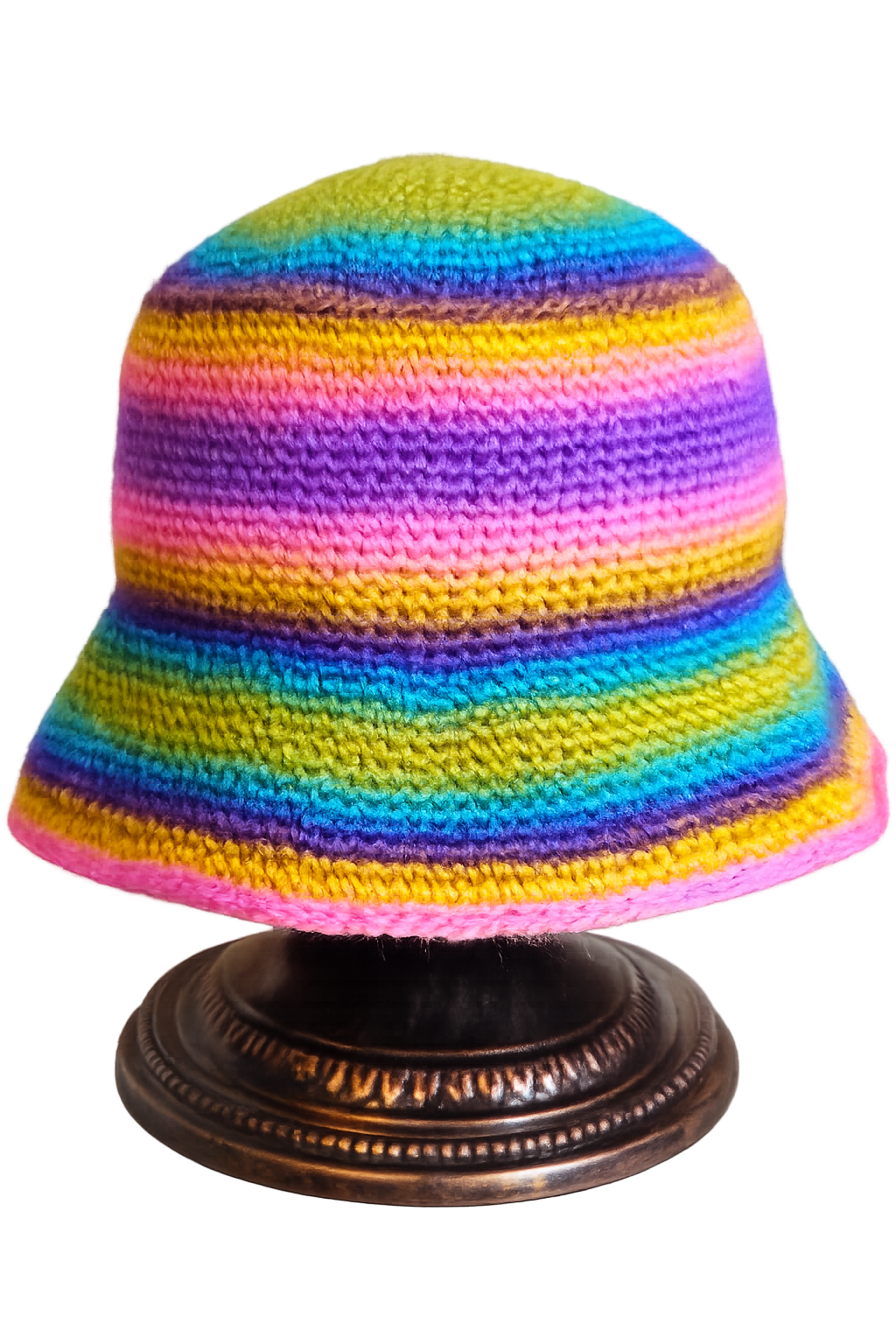 Colorful striped knitted hat on a black stand with a white background