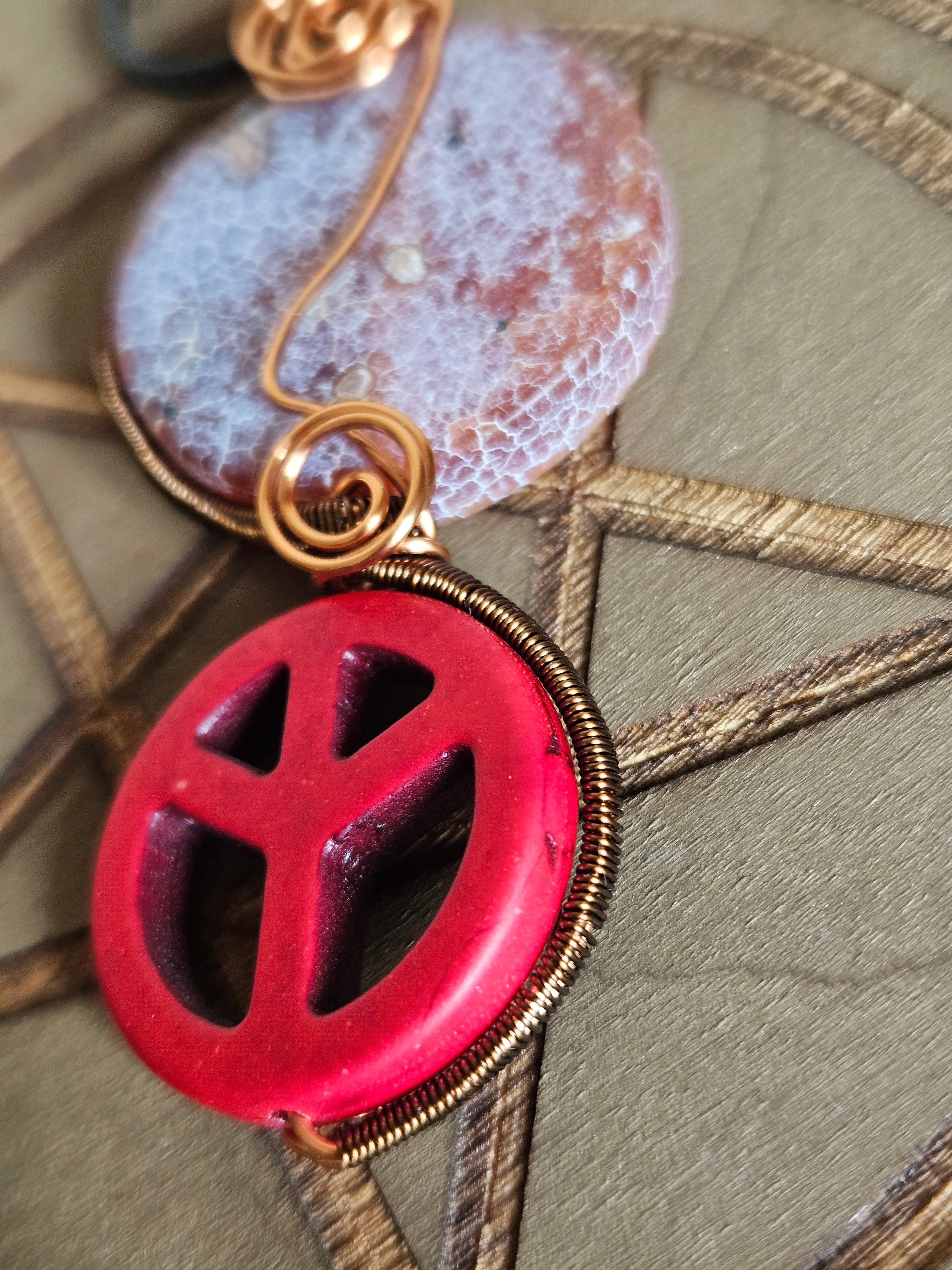 Peace Magnesite And Crackle Agate Wire Wrapped Pendant Necklace