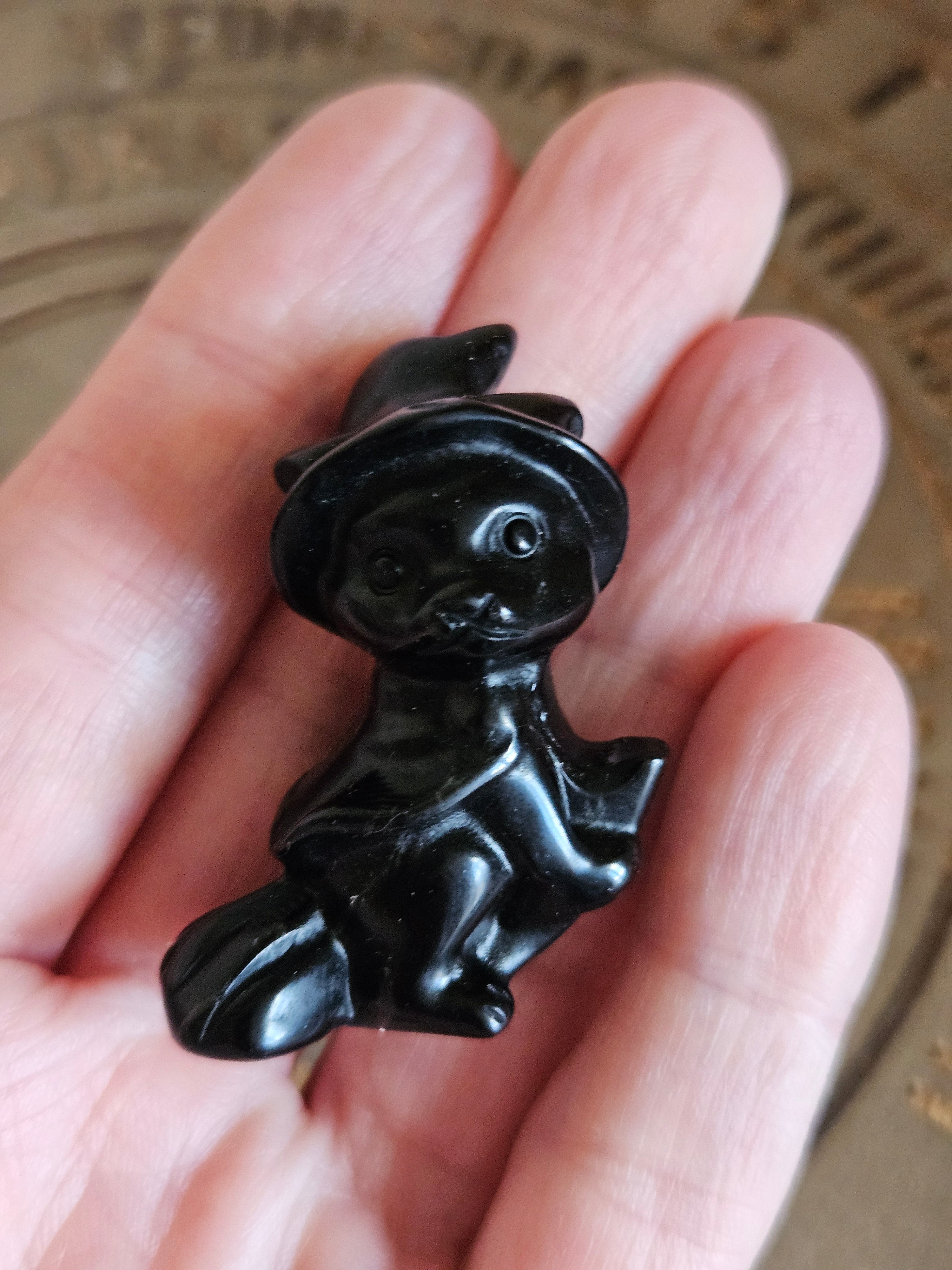 Black Obsidian Cat Witch Carving