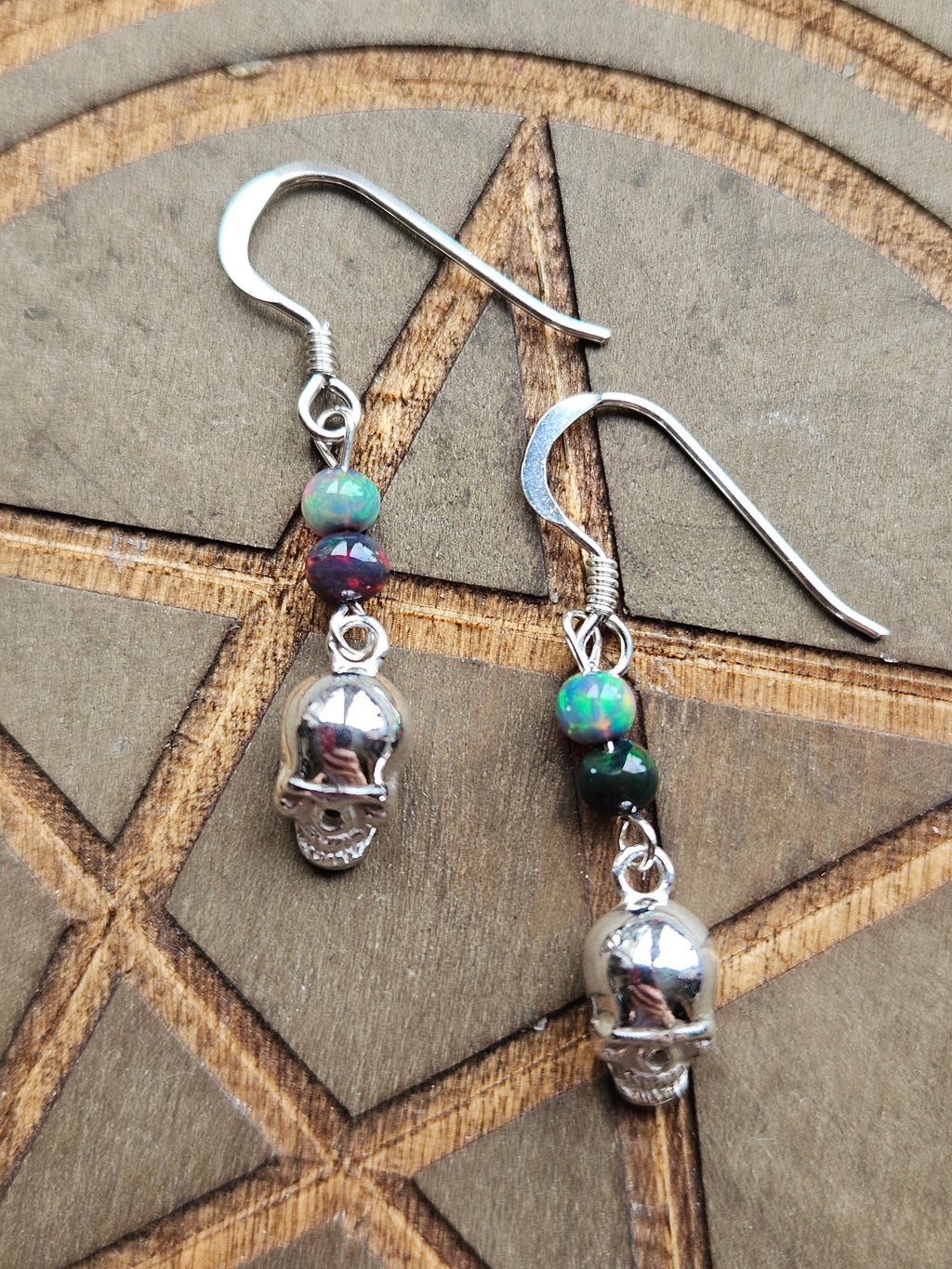 Sterling Silver Skull & Ethiopian Fire Opal Earrings