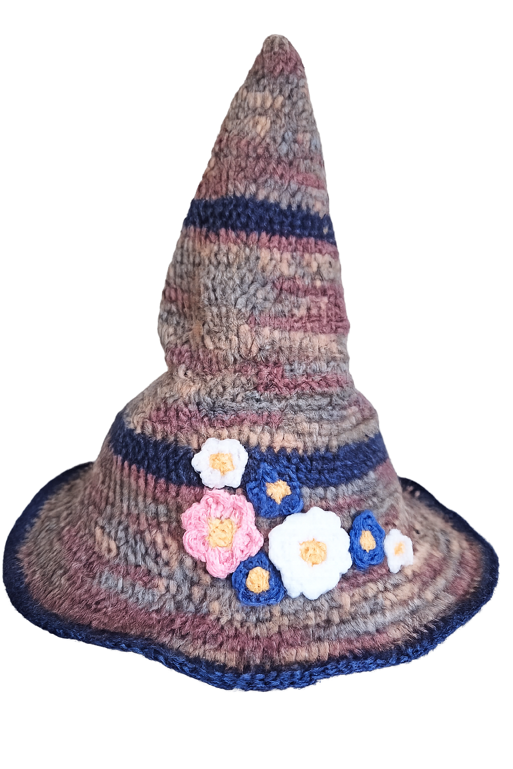 Crocheted hat with colorful flowers on a white background