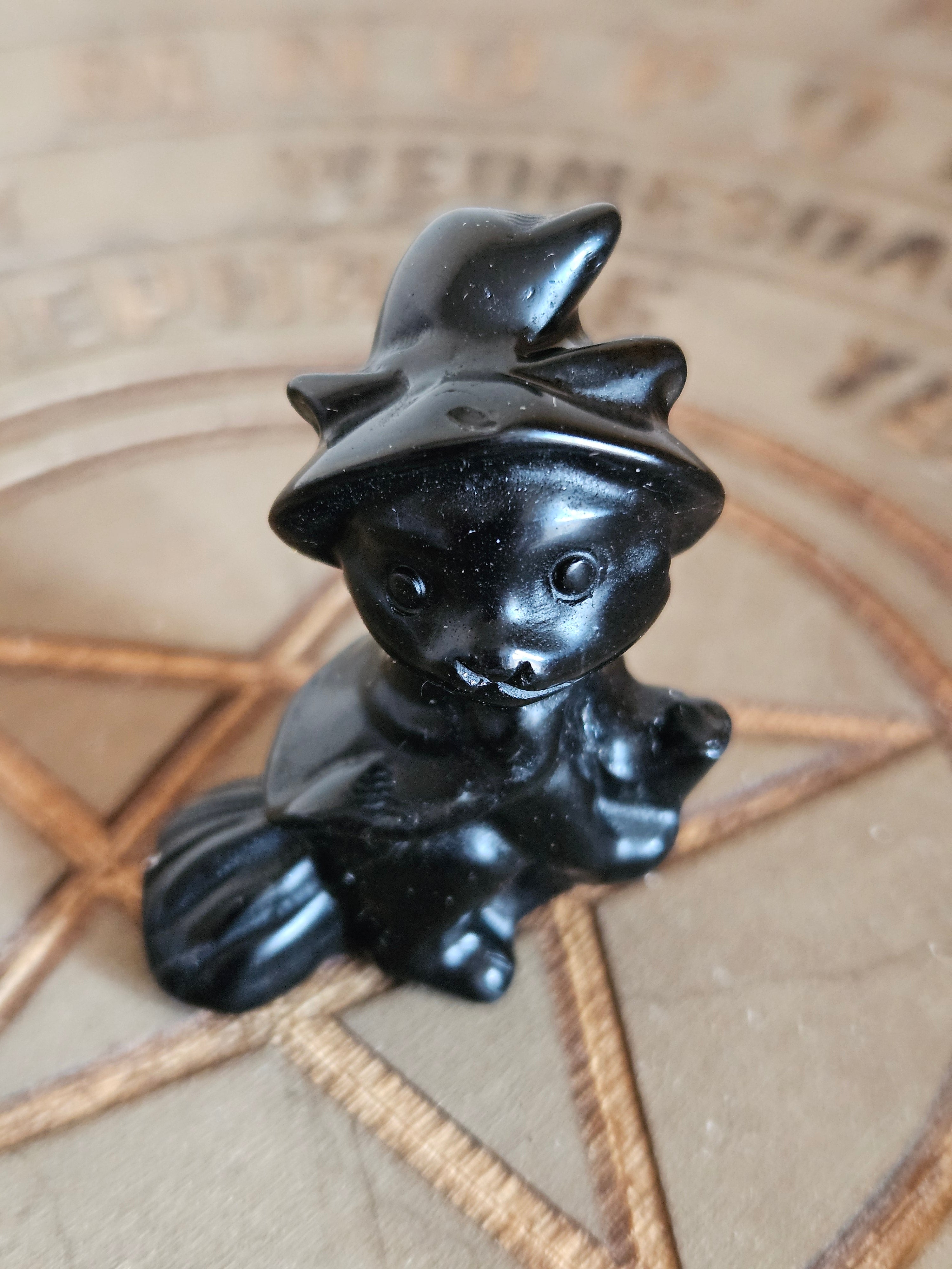 Black Obsidian Cat Witch Carving