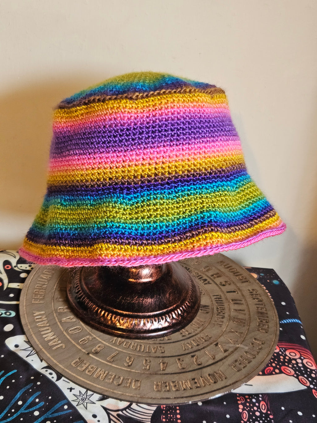 Colourful crocheted bucket hat