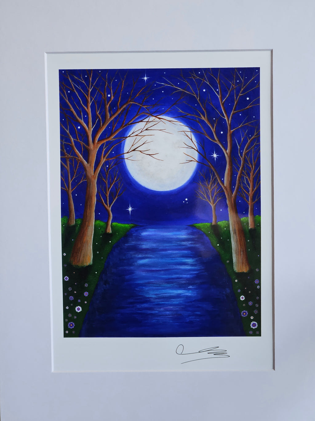 River scene with trees and a full moon