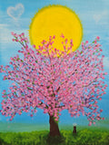 Painting of a cherry blossom tree with a yellow sun in the background