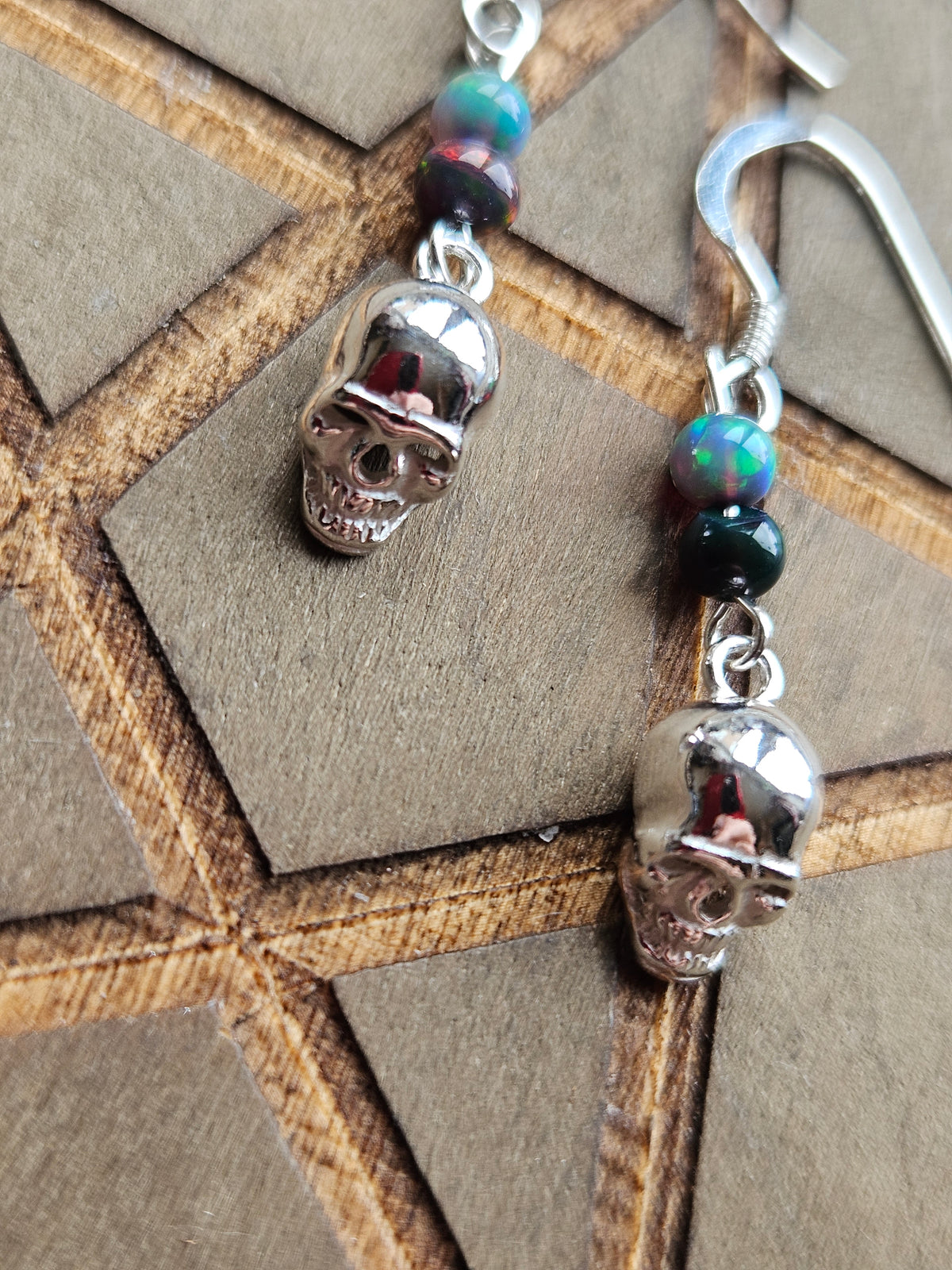 Sterling Silver Skull & Ethiopian Fire Opal Earrings
