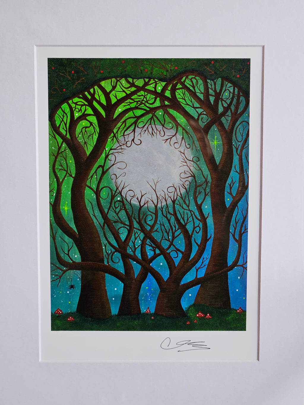 Twisted brown trees on a blue and green sky with stars