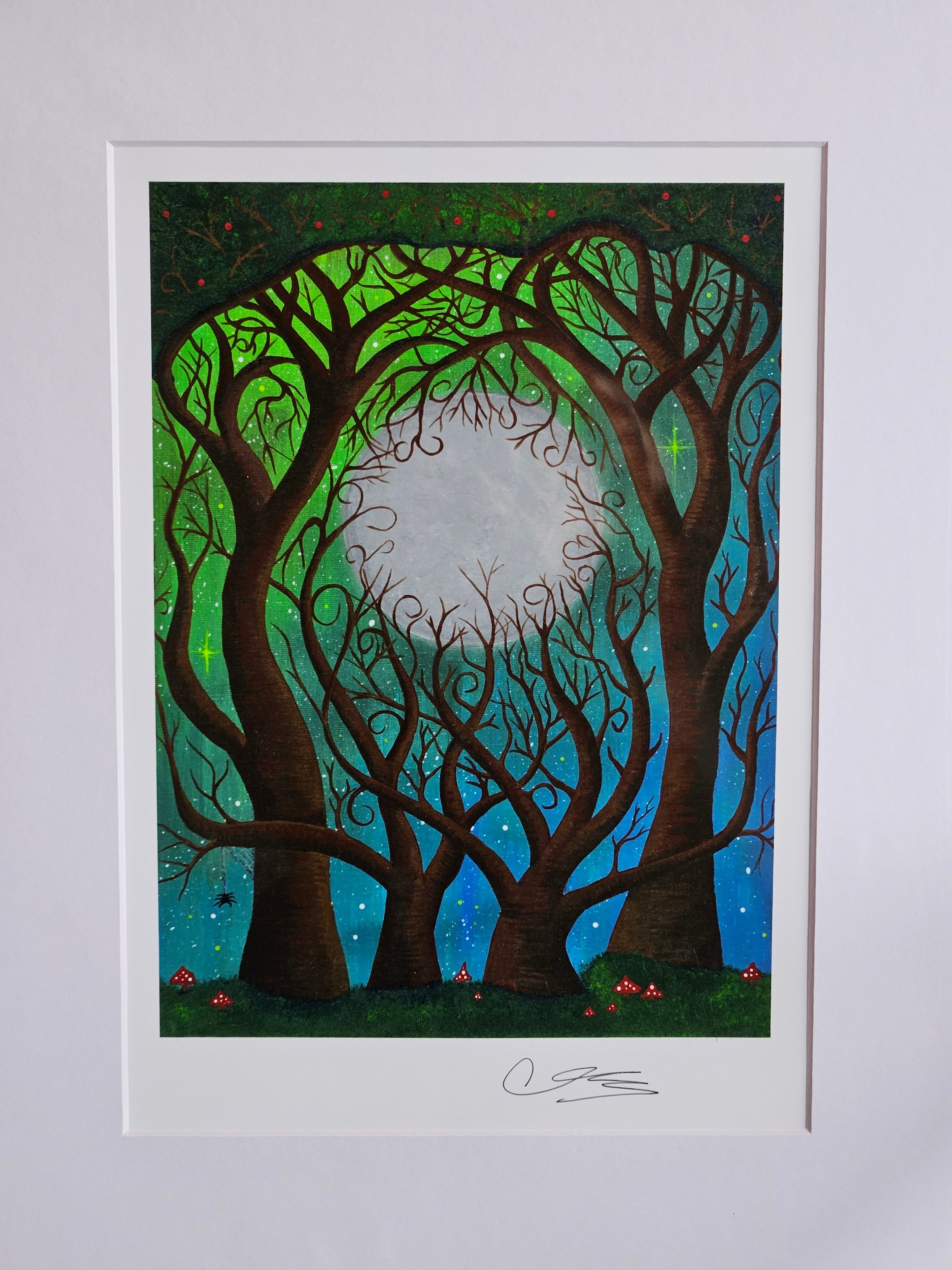 Twisted brown trees on a blue and green sky with stars