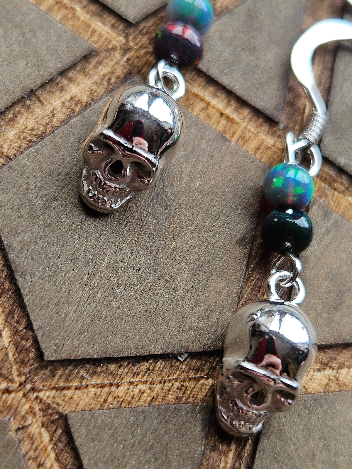 Sterling Silver Skull & Ethiopian Fire Opal Earrings