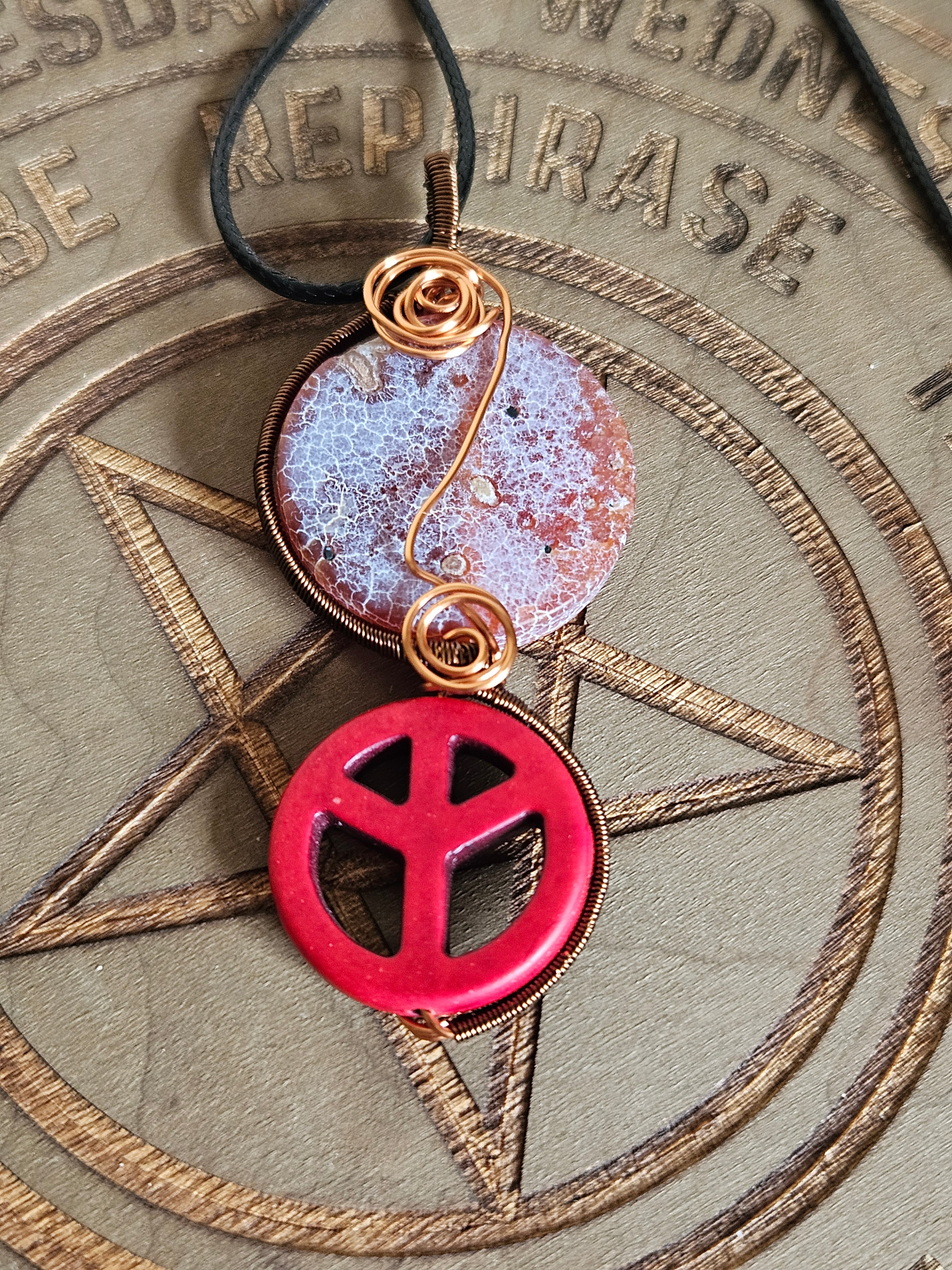 Peace Magnesite And Crackle Agate Wire Wrapped Pendant Necklace