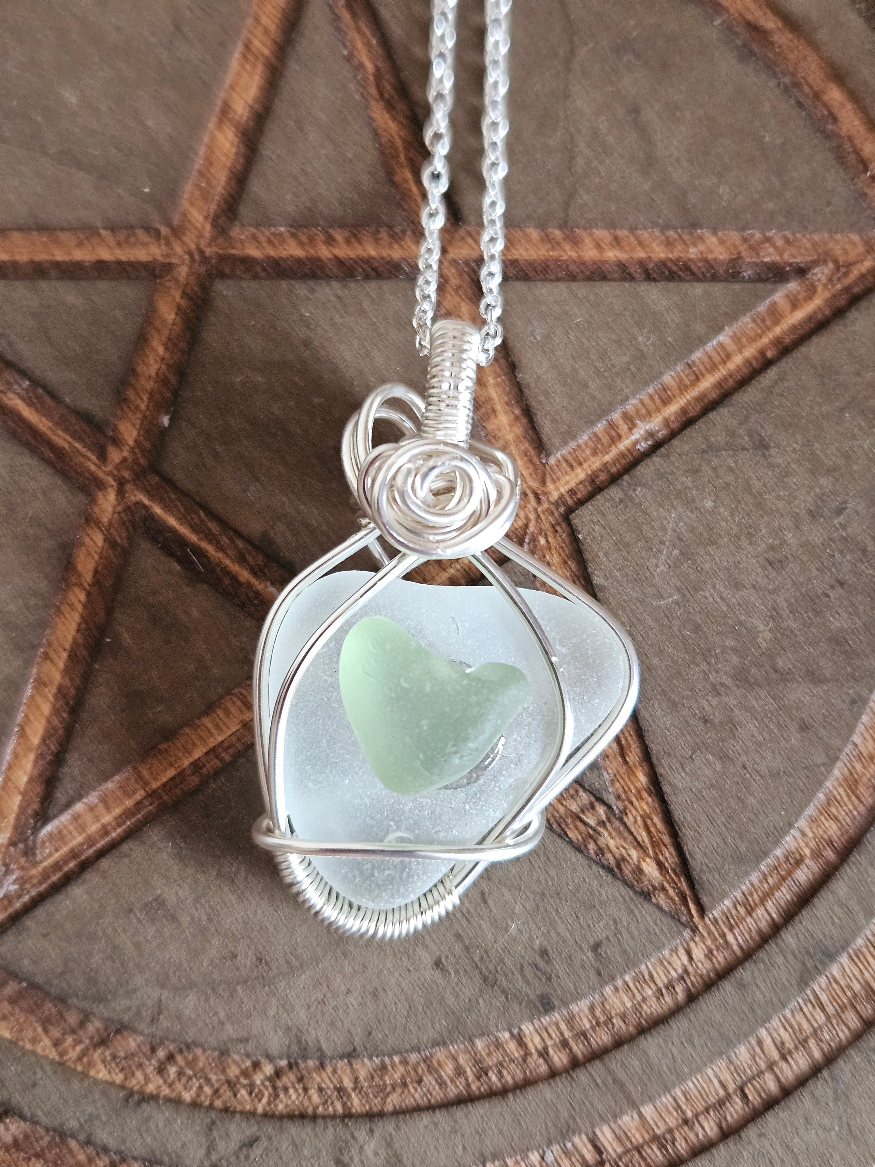 Wire Wrapped Sea Glass Pendant Necklace