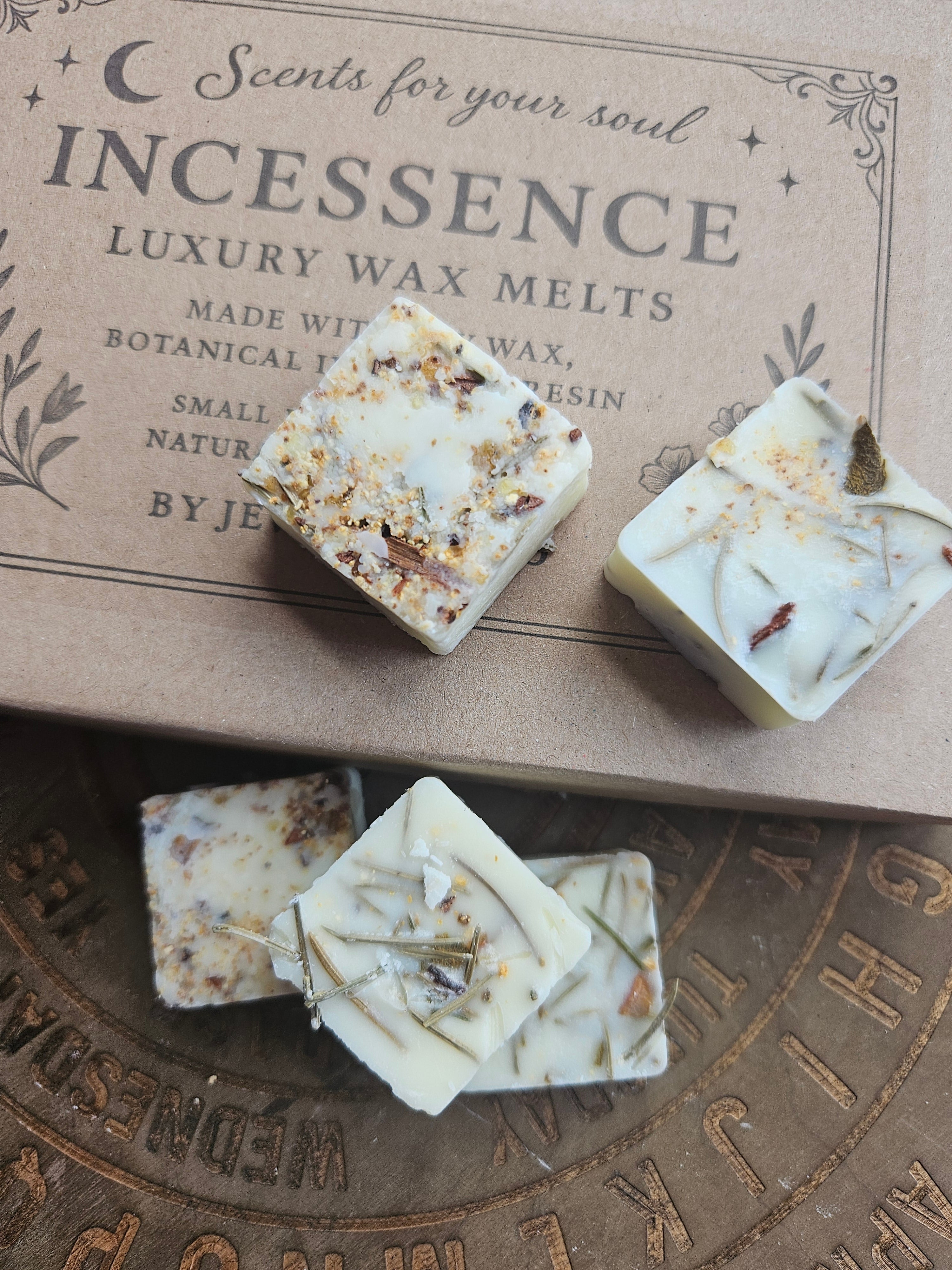 Handmade Yule artisan soy wax melts with pine needles, essential oils and botanical incense