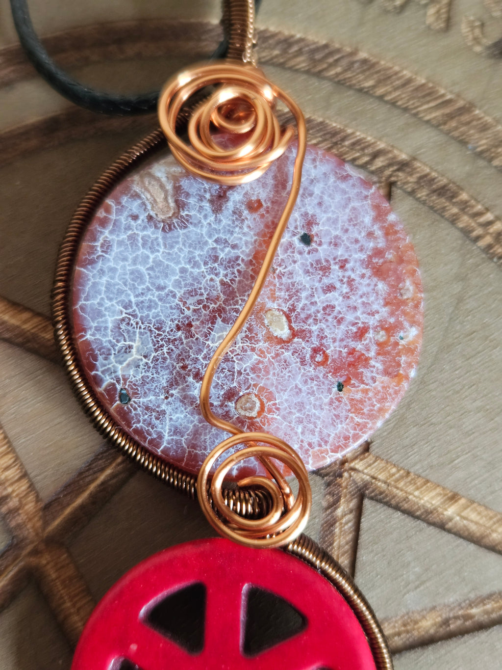 Peace Magnesite And Crackle Agate Wire Wrapped Pendant Necklace